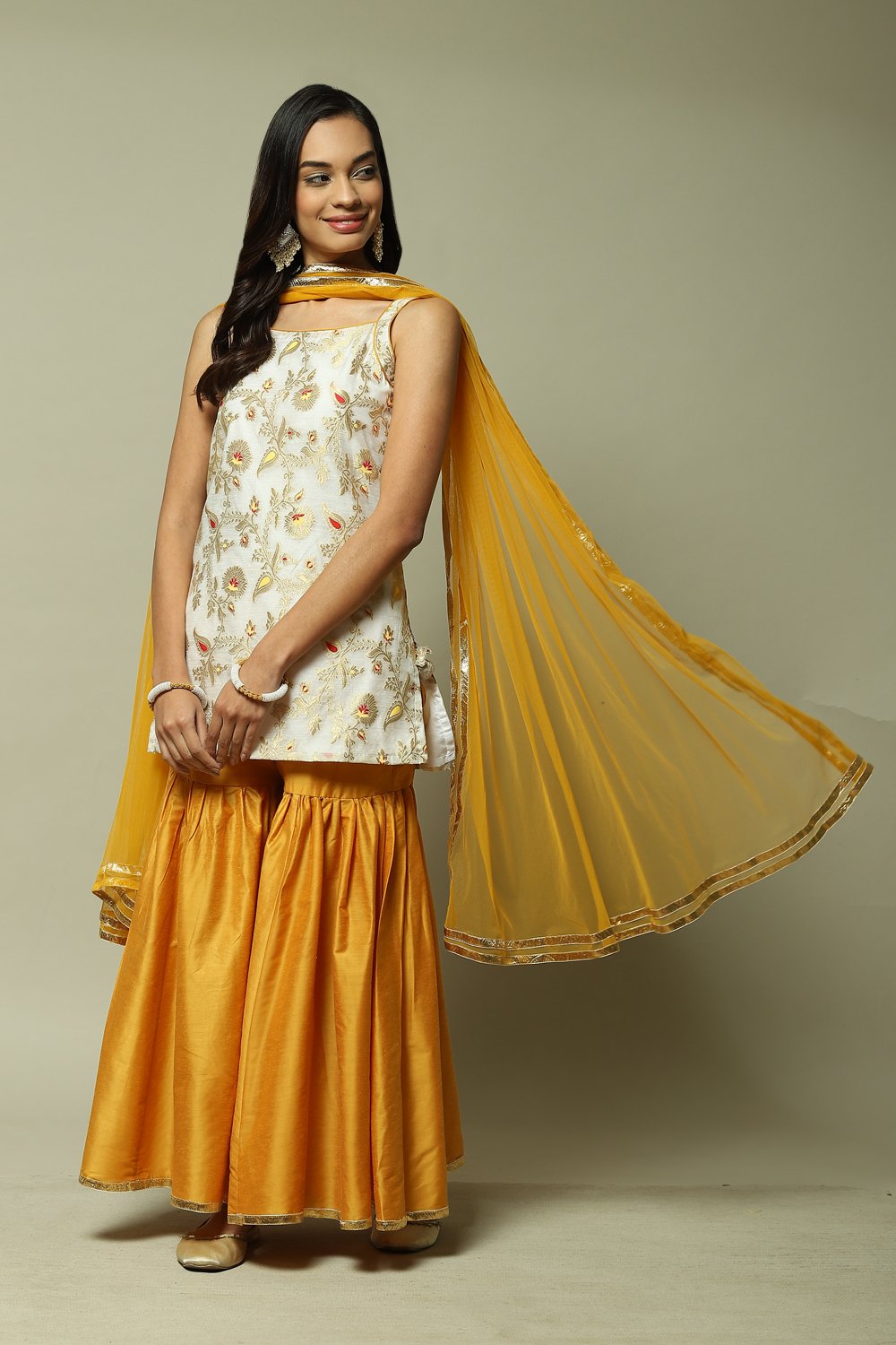 Off White Yellow Straight Sharara Kurta Garara Suit Set image number 7