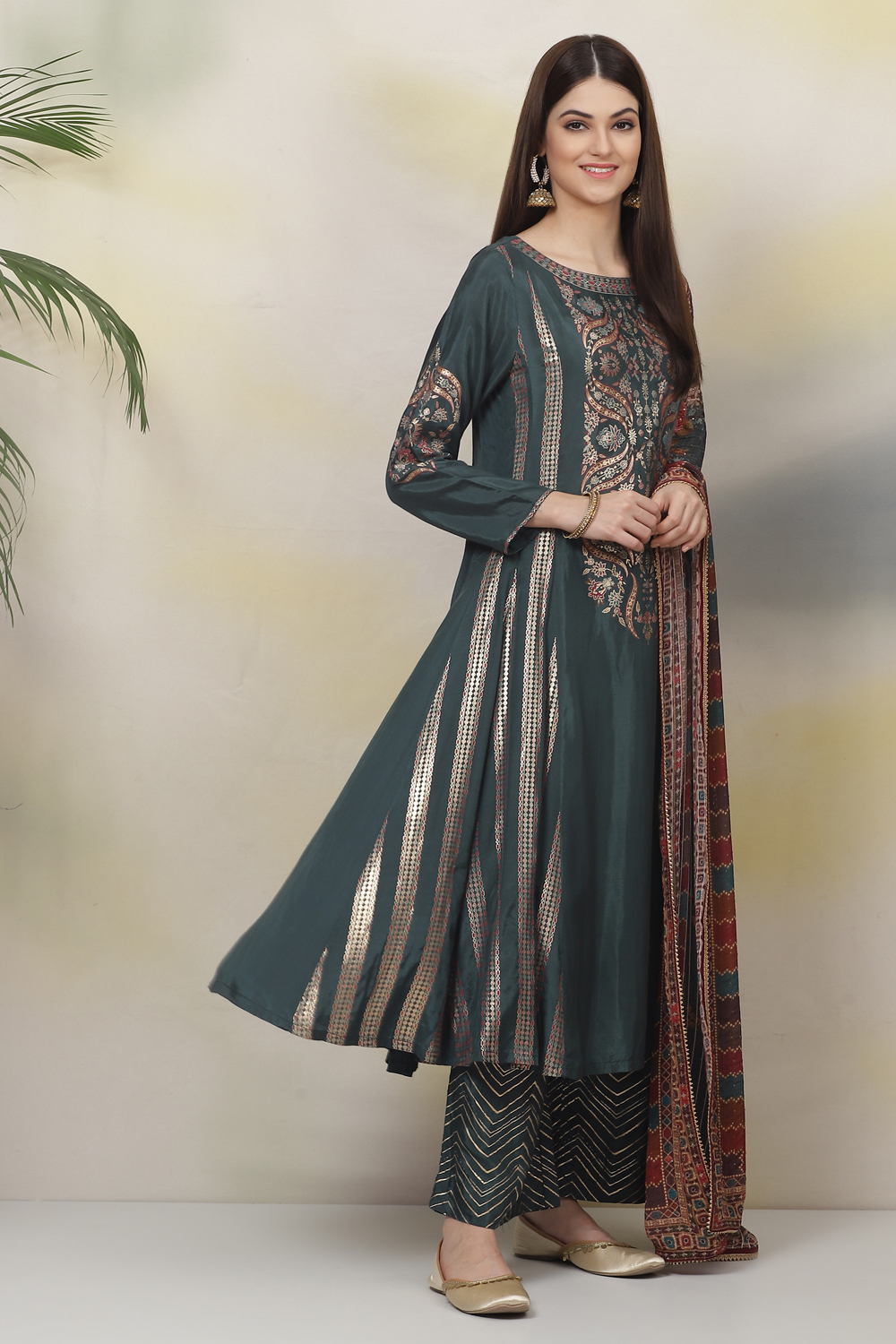 Tea Green Art Silk Kalidar Kurta Palazzo Suit Set image number 6