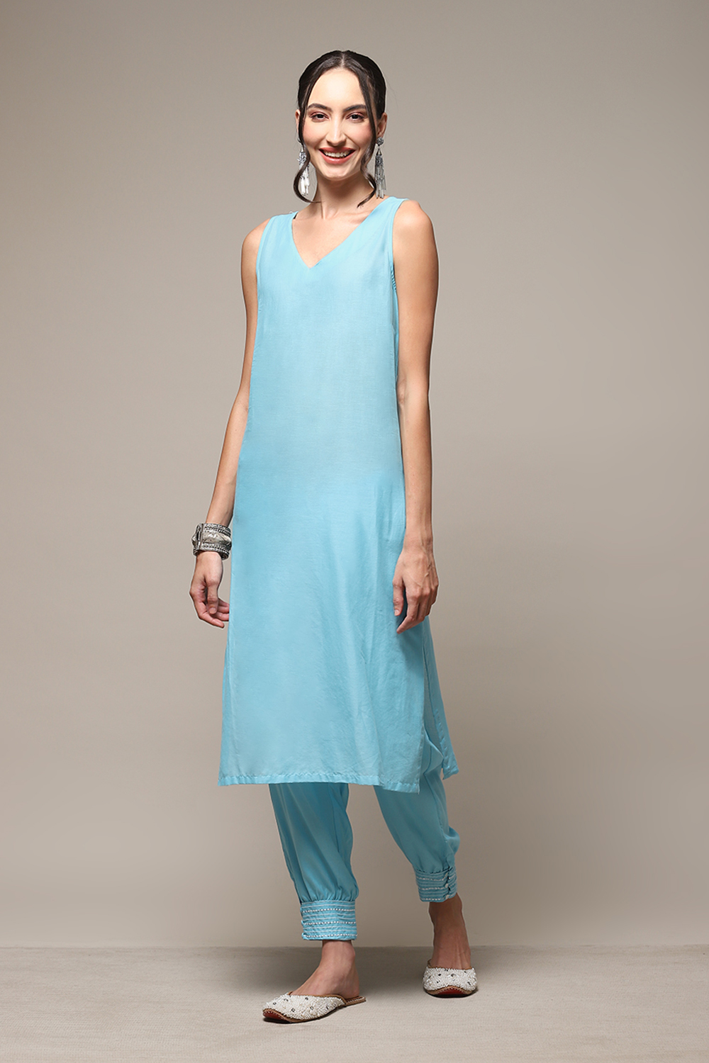 Sky Blue Cotton Blend Layered Kurta Salwar Suit Set image number 2