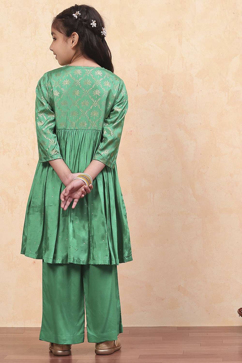 Green Viscose Blend Gathered A-line Festive Kurta Set image number 4