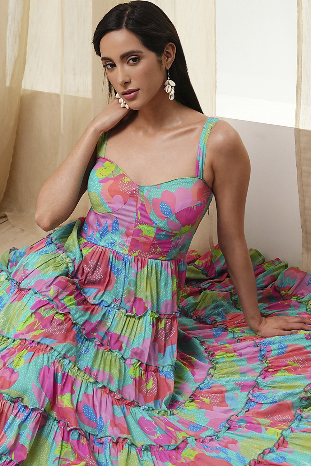 Turquoise Cotton Floral Printed Tiered Dress image number 7