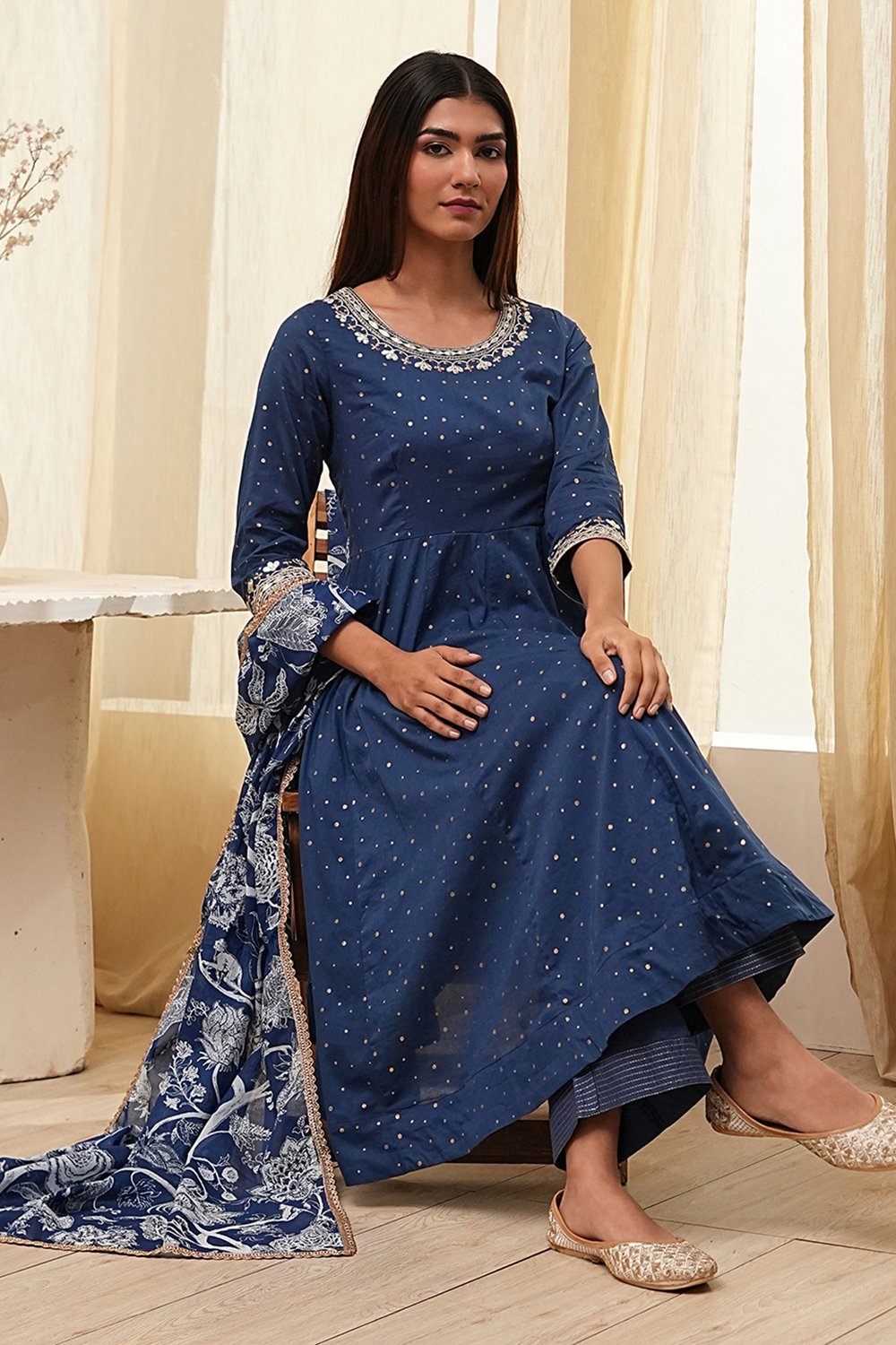Blue Cotton Foil Printed Anarkali Suit Set image number 0
