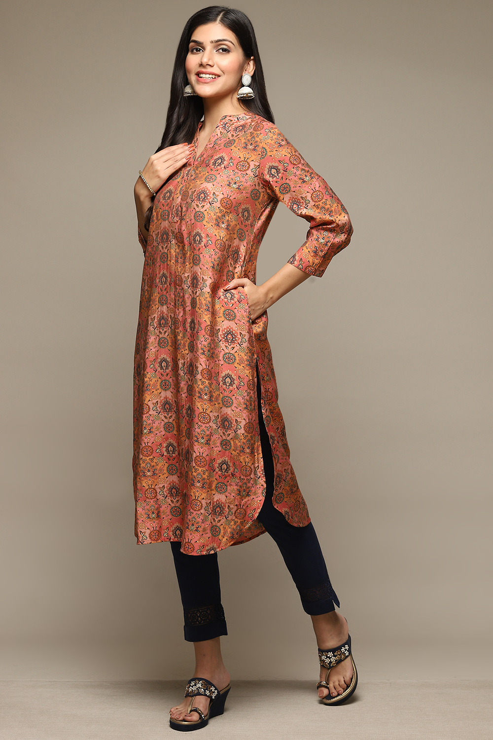 Peach Viscose Blend Straight Printed Kurta image number 2