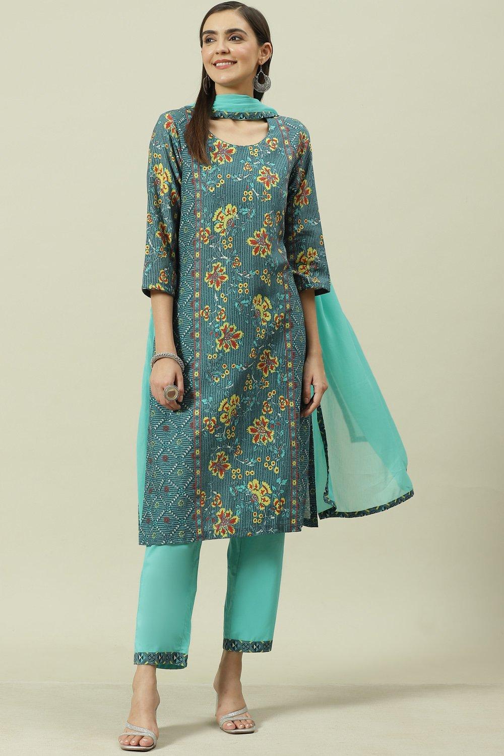 Blue Printed Straight Kurta Regular Pants Suit Set image number 6