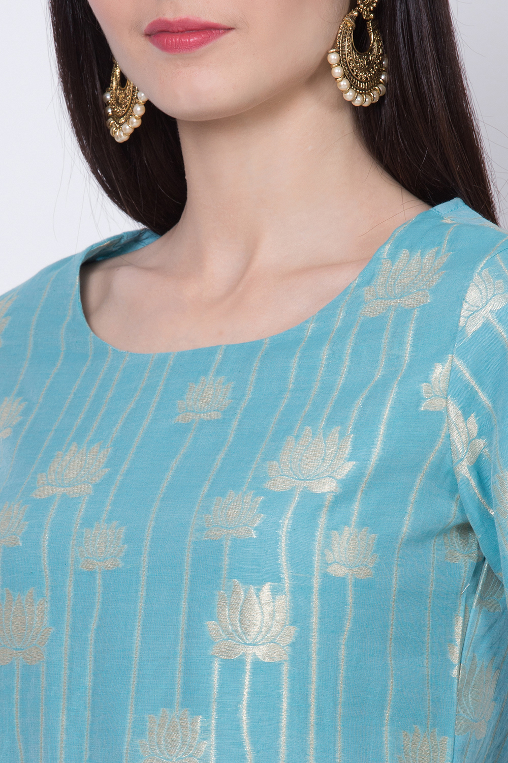 Light Turquoise Poly Metallic Cotton Straight Yarndyed Kurta image number 1