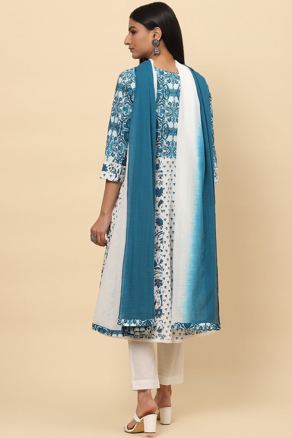 Blue White Cotton Flared Kurta Slim Pant Suit Set image number 4