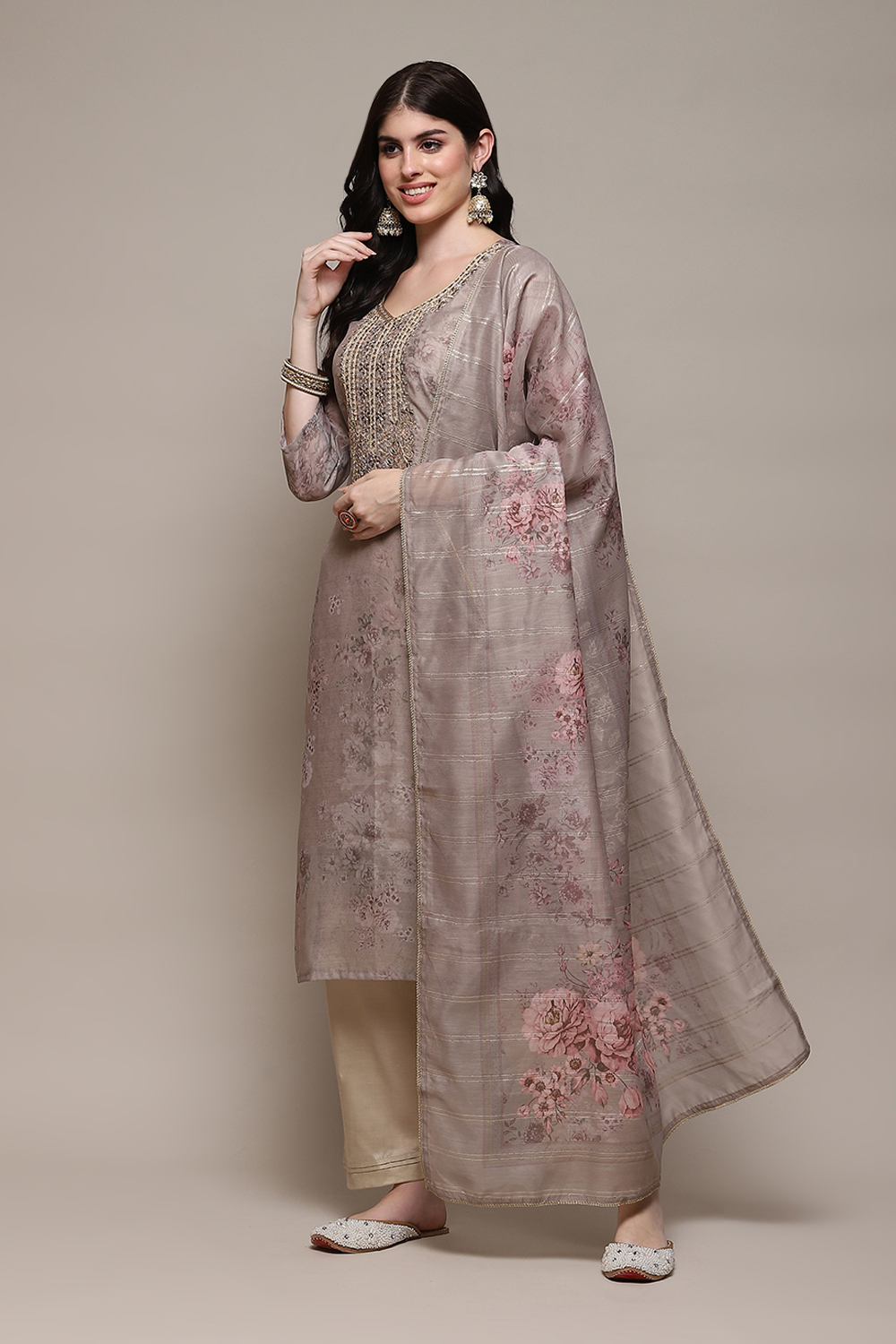 Beige Chanderi Blend Machine Embroidered Unstitched Suit Set image number 6