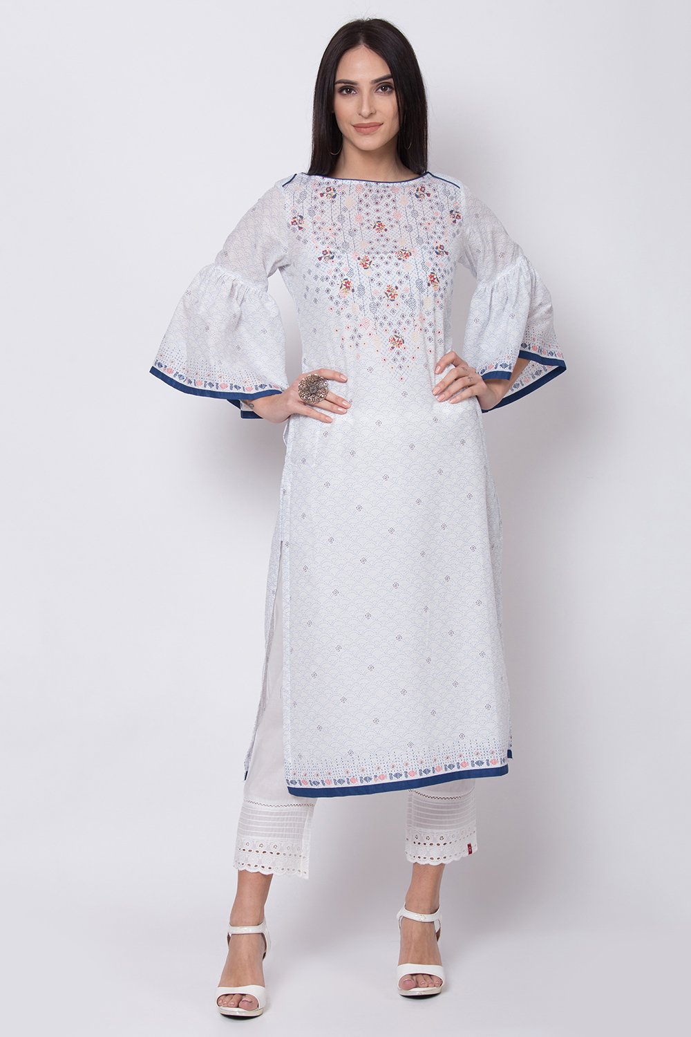 White Cotton Straight Printed Kurta image number 0