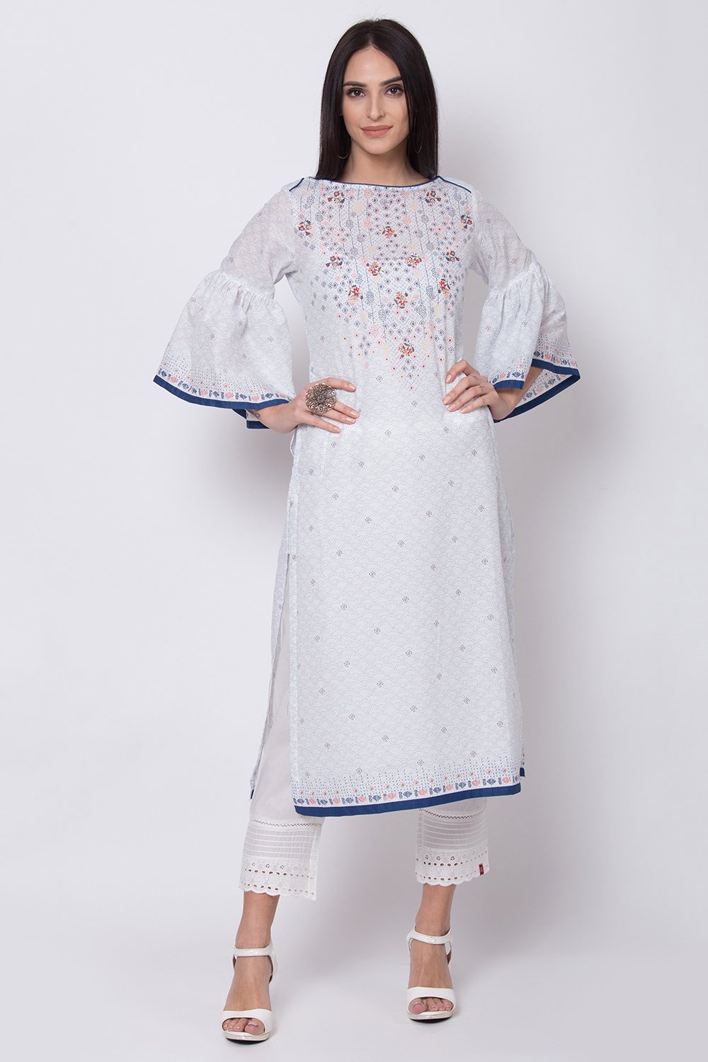 White Cotton Straight Printed Kurta image number 0