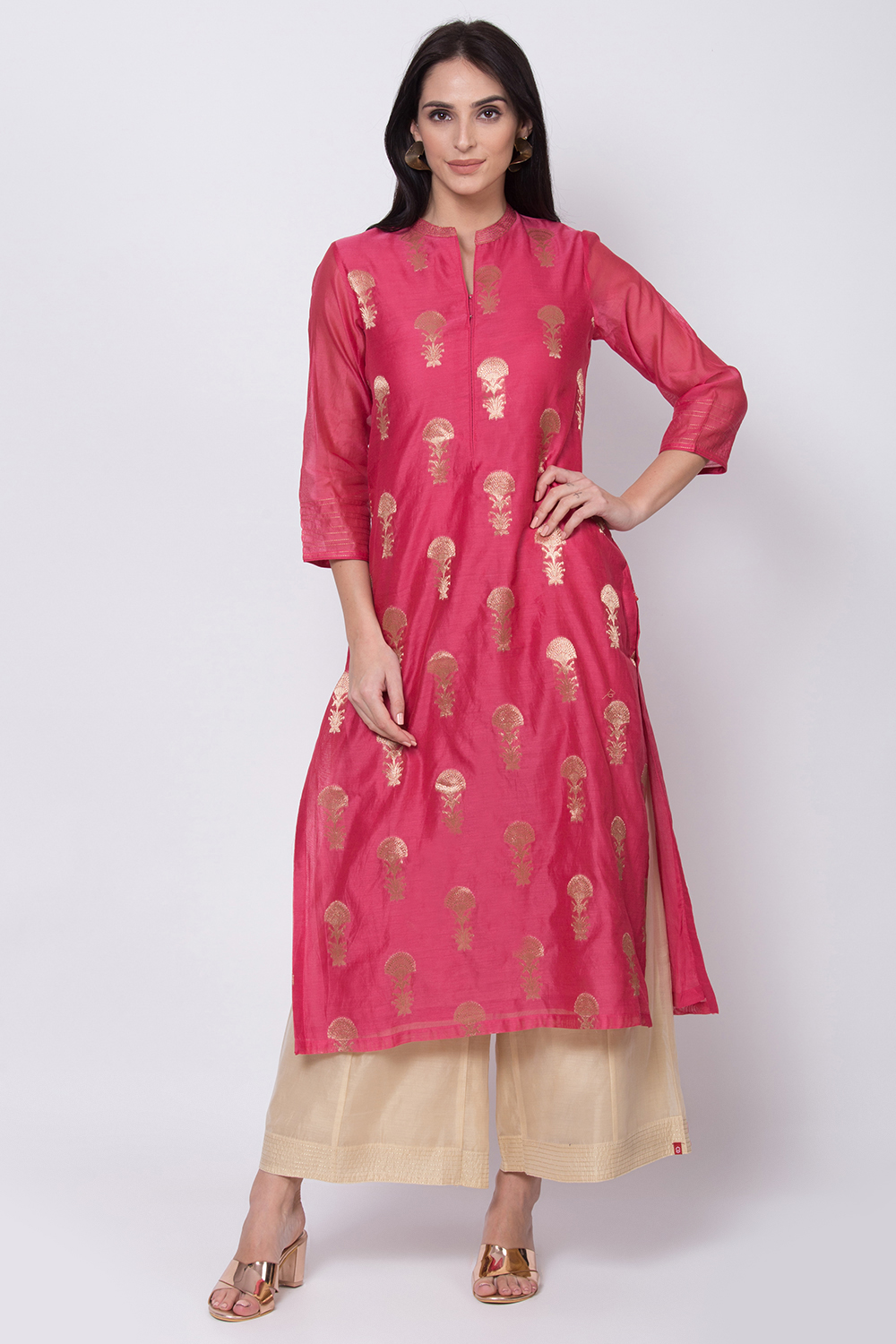 Magenta Poly Metallic Cotton Straight Yarndyed Kurta image number 0