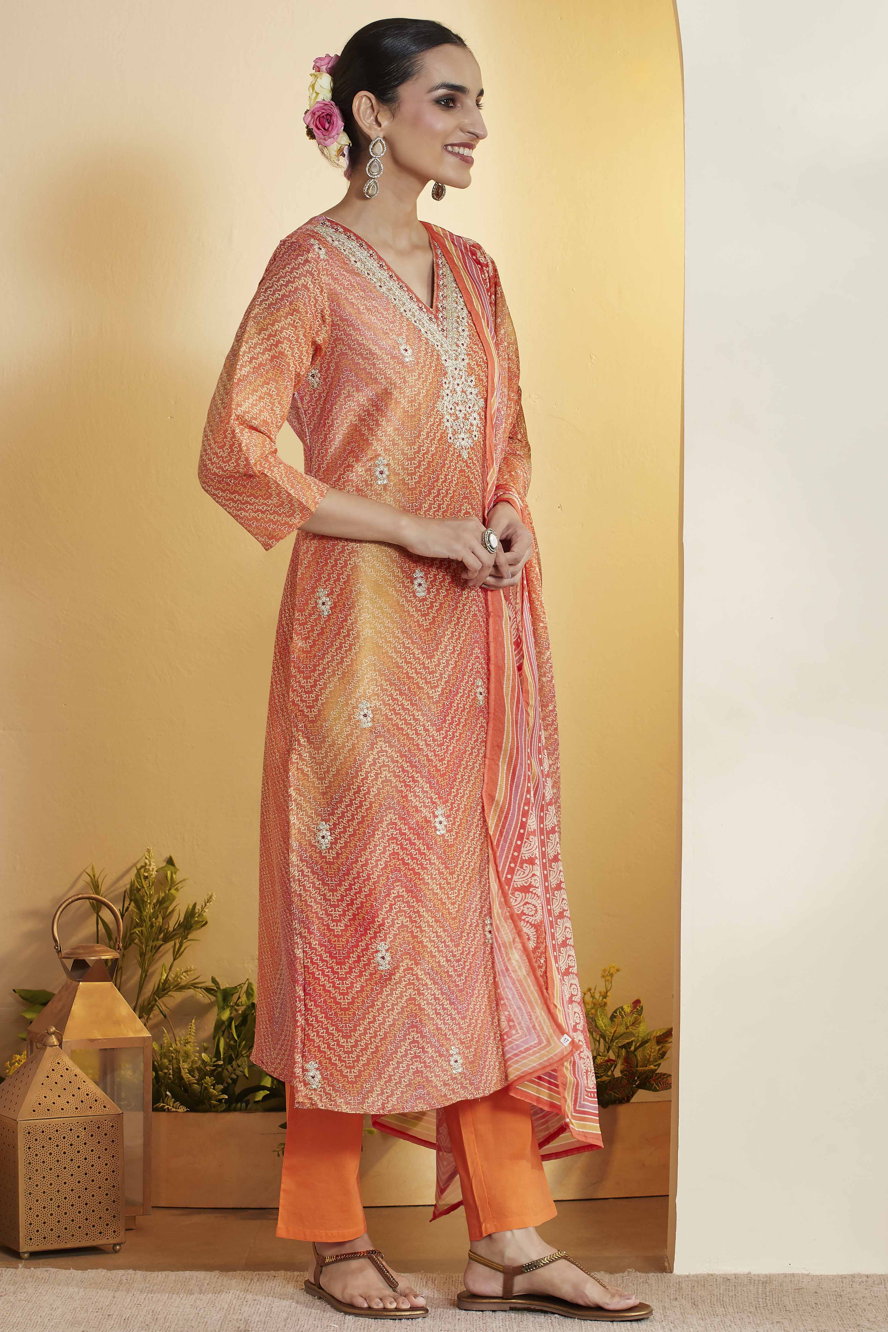 Orange Polyester Straight Printed Suit Set image number 5