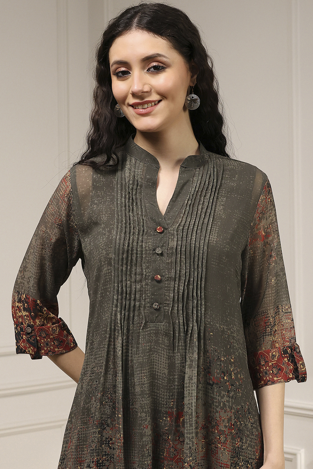 Charcoal and Rust Printed Pleated A-Line Kurta image number 1