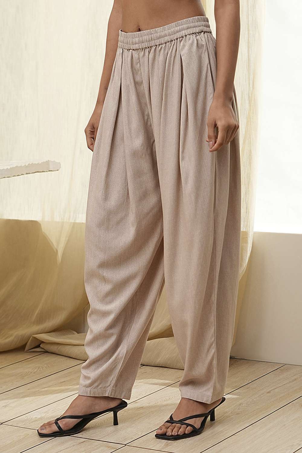 Beige Solid Straight Palazzos image number 2