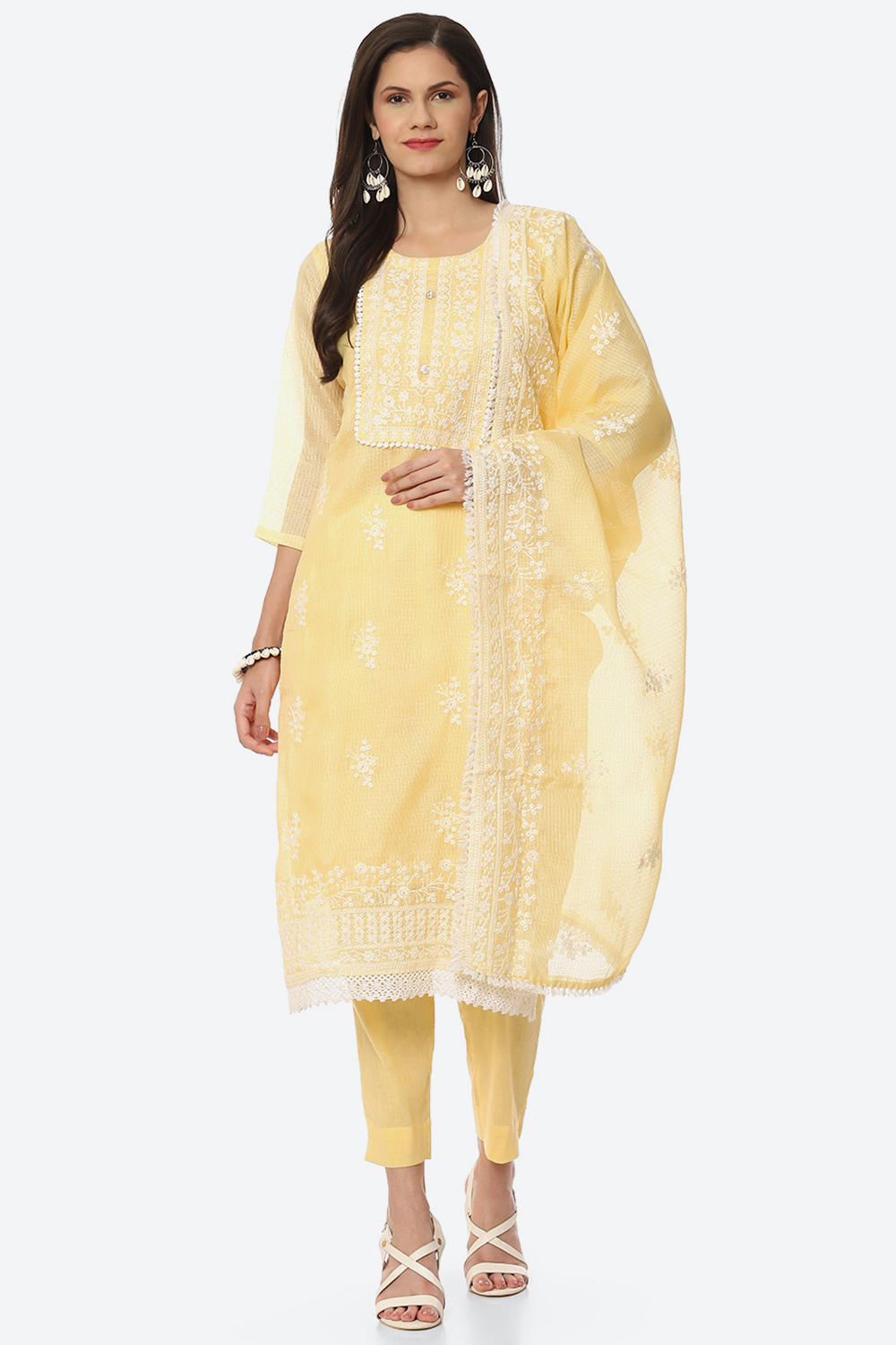 Pastel Yellow Cotton Blend Unstitched Suit Set image number 0