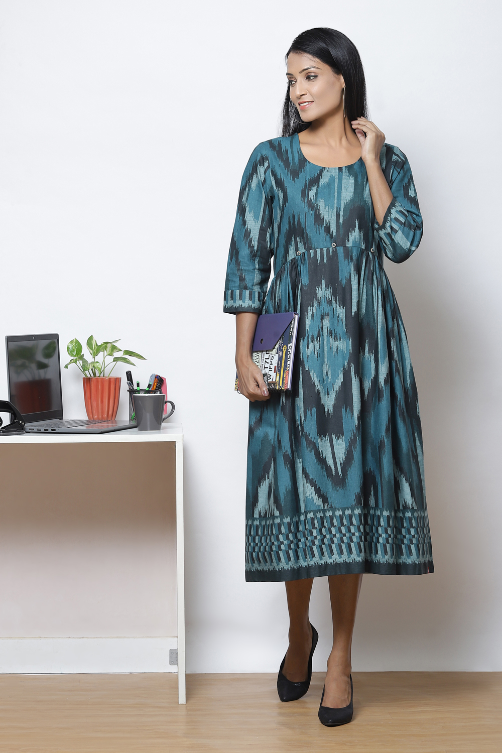 Teal LIVA Flared Printed Kurta Dress image number 4