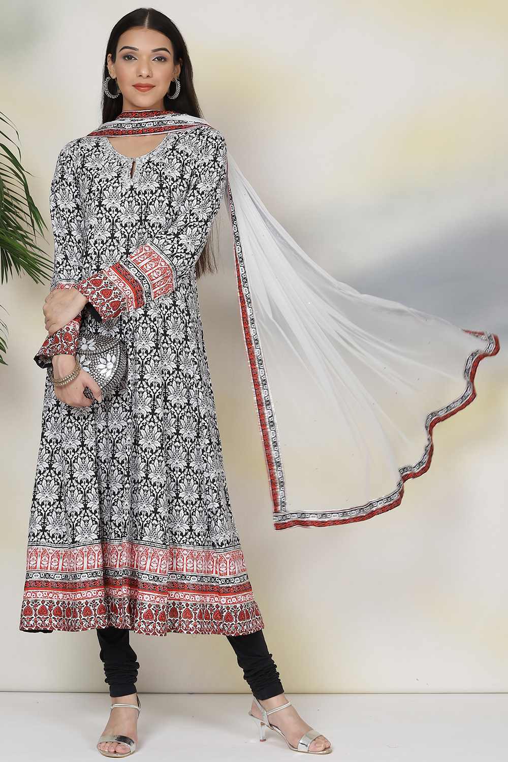 Black And White Rayon Kalidar Kurta Churidar Suit Set image number 5