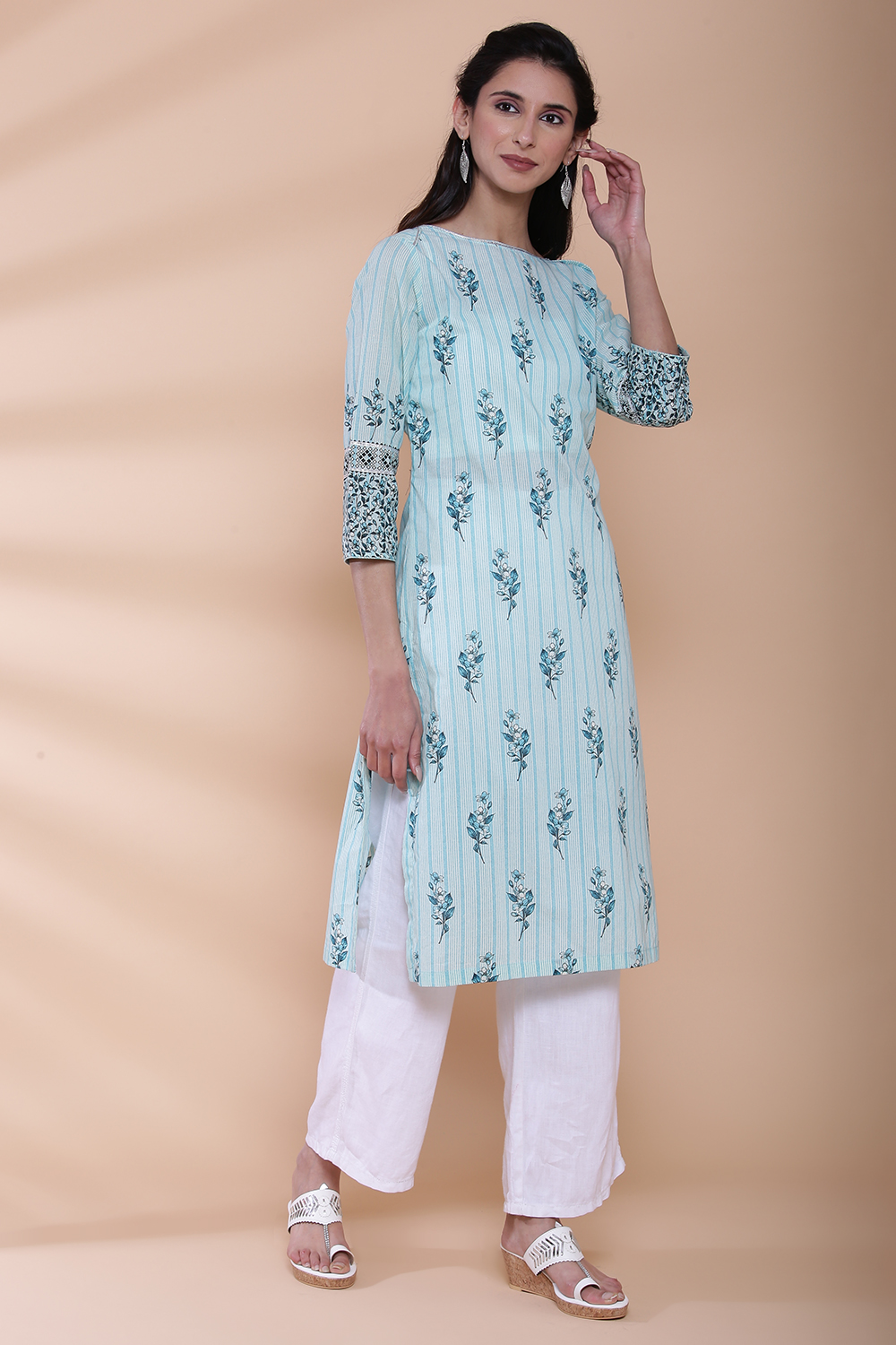 Turquoise Cotton Straight Kurta image number 3