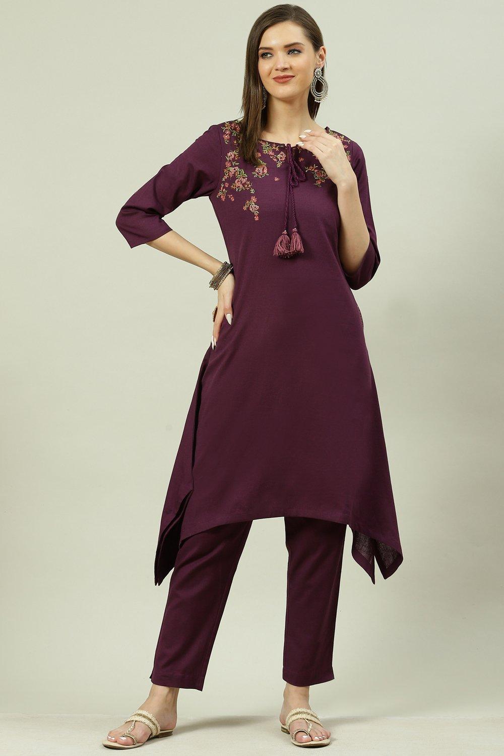 Purple Cotton Blend Asymmetric Kurta Pants 2 Piece Set image number 0