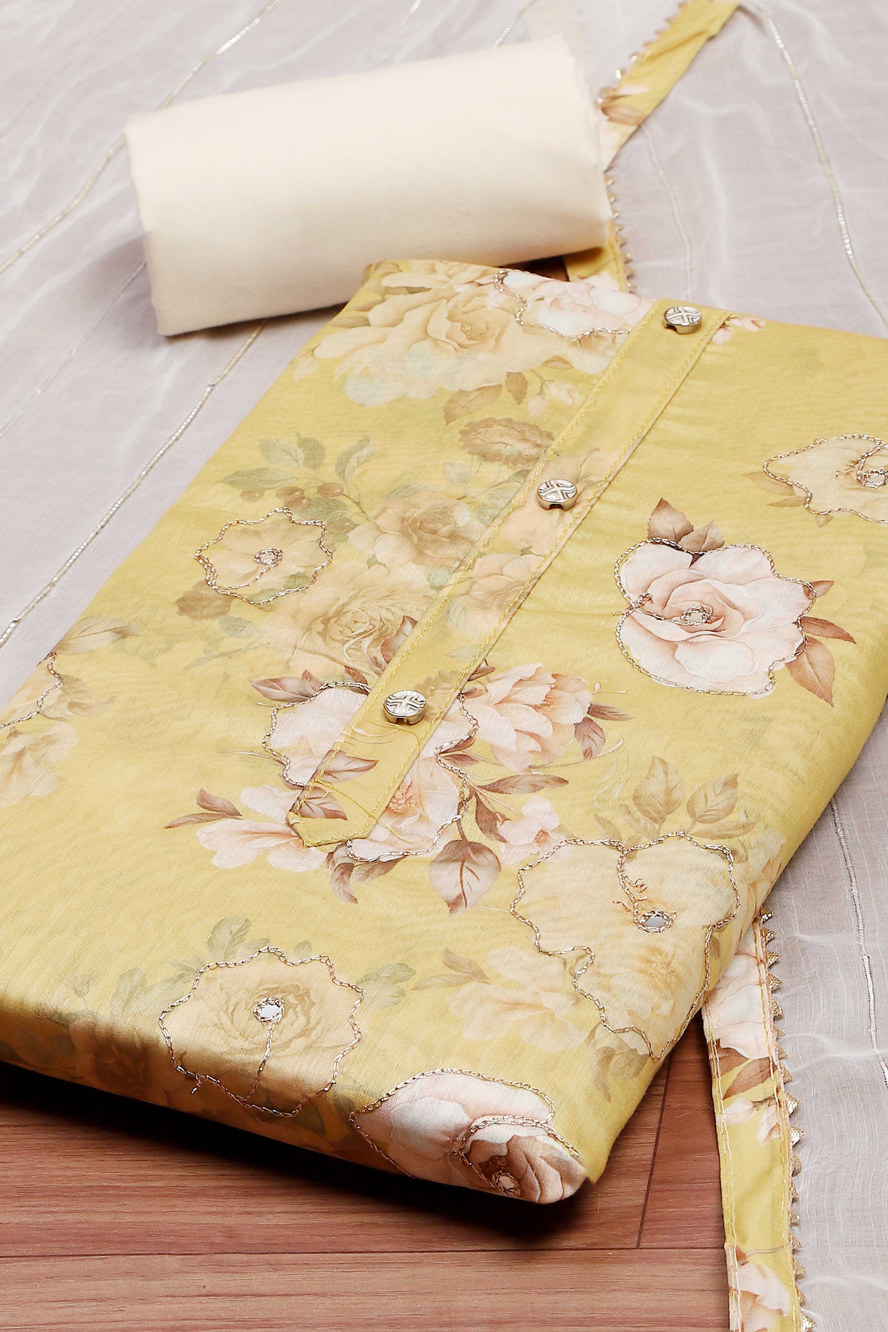 Mustard Chanderi  Printed Unstitched Suit Set image number 2