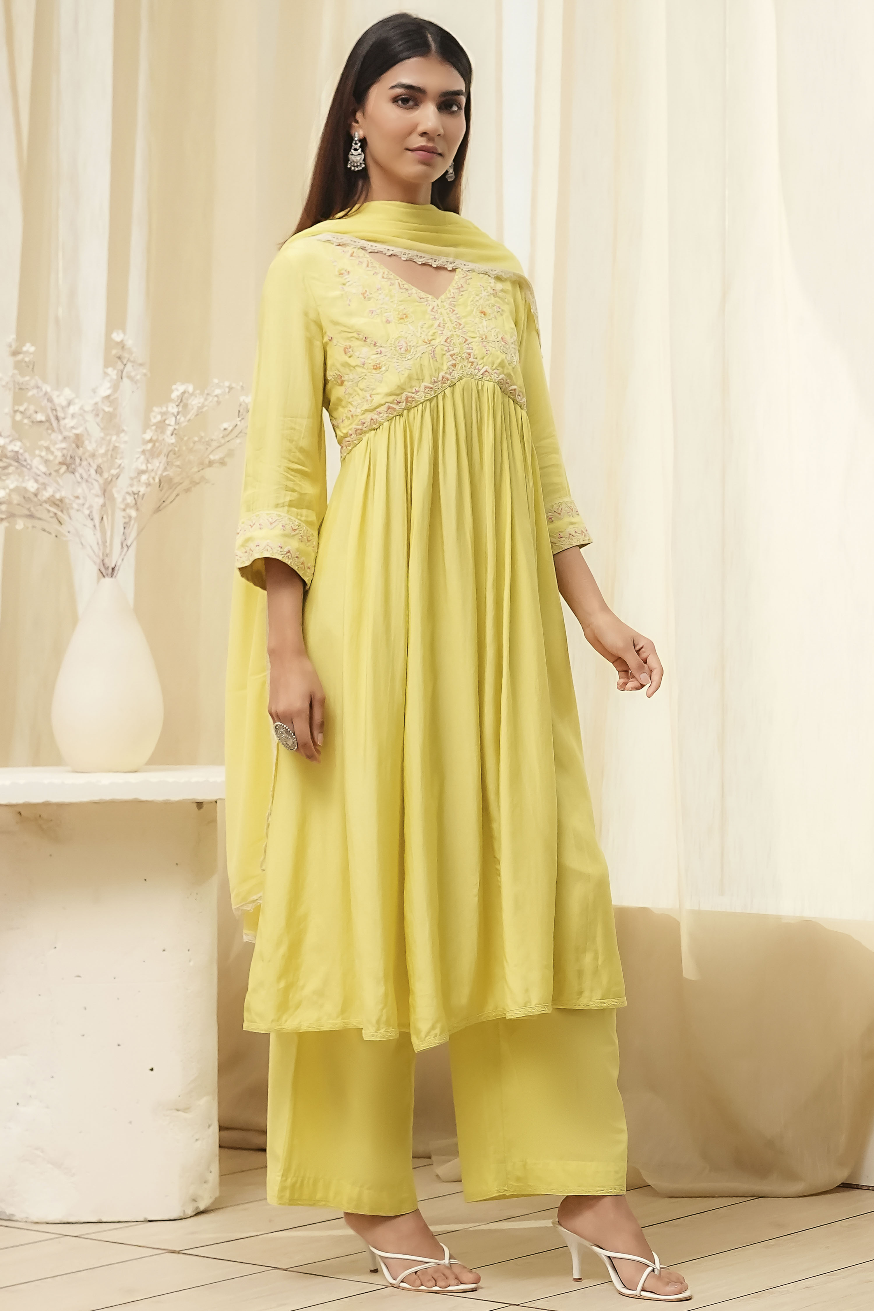 Lime Modal Blend Embroidered Gathered Suit Set image number 5