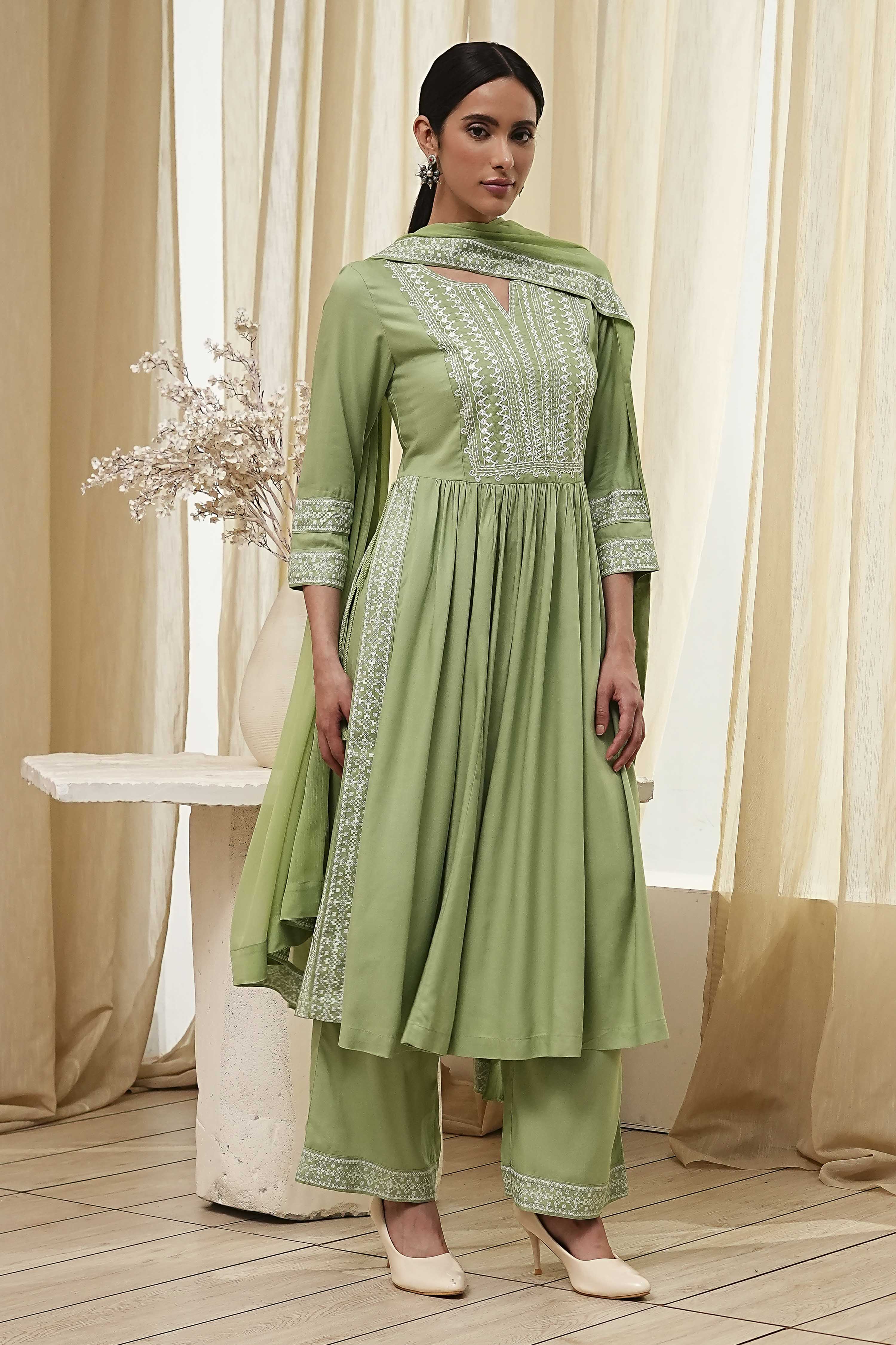 Olive Green Embroidered Gathered Suit Set image number 5