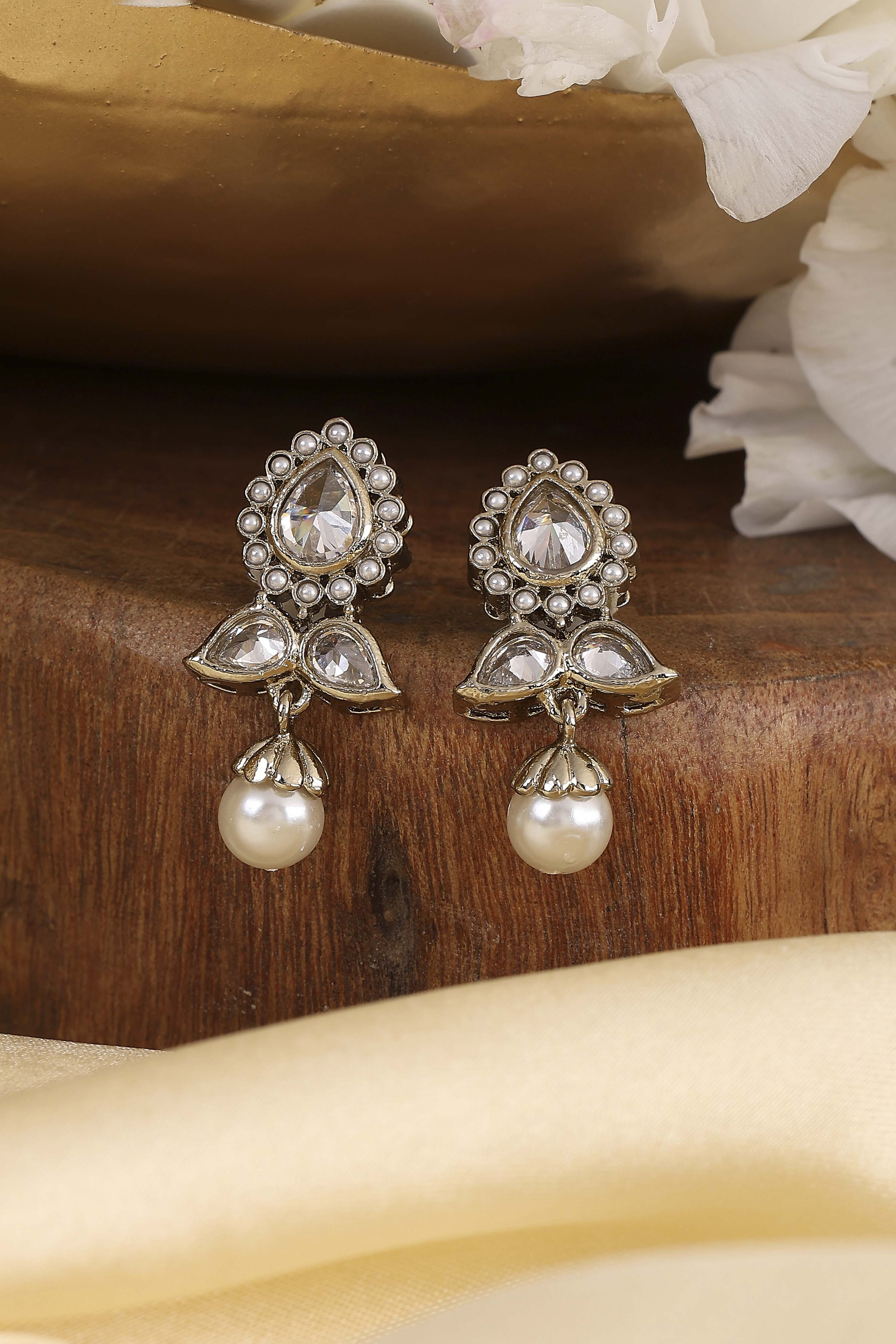 Silver Toned Gold Plated Brass Studded Drop Earrings image number 0