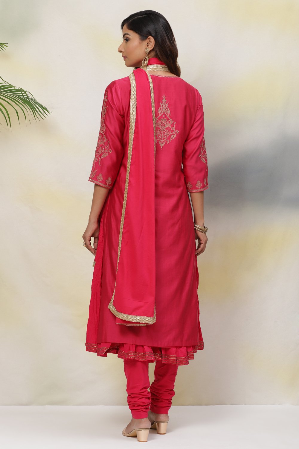 Crimson Red Cotton Silk Straight Kurta Churidar Suit Set image number 8