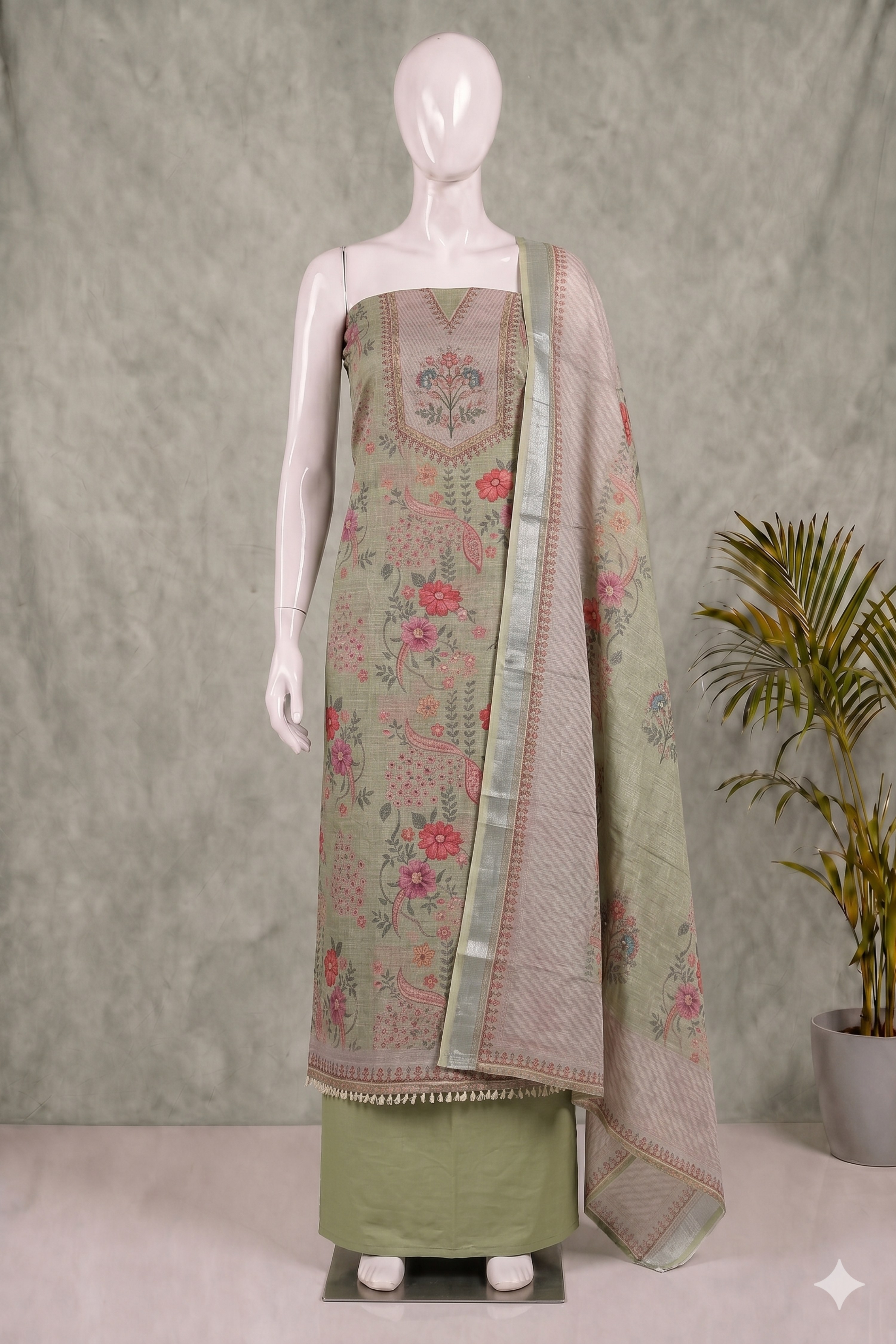 Peach Linen Floral Print With Handwork Unstitched Suit Set image number 4
