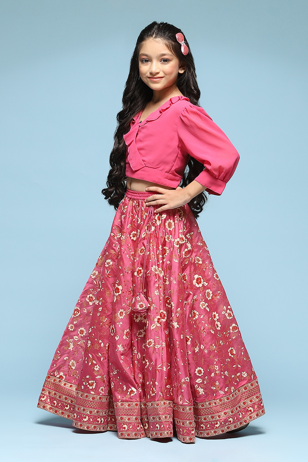 Pink Polyester Flared Printed Lehenga Set image number 3