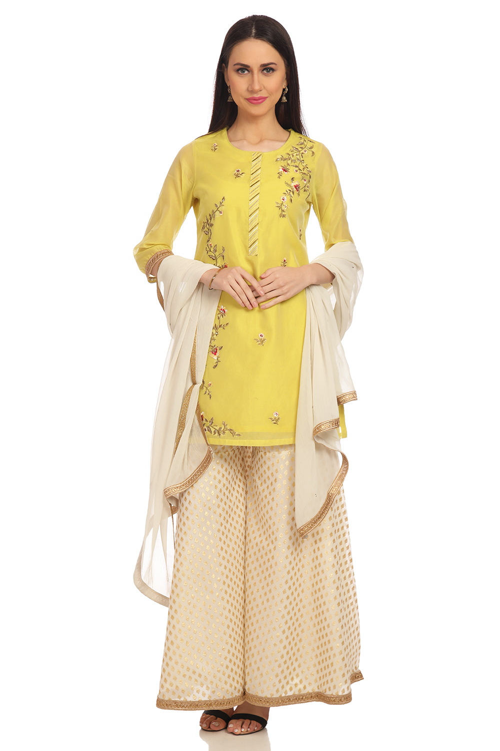 Lime Green Straight Poly Cotton Kurta Garara Suit Set image number 0