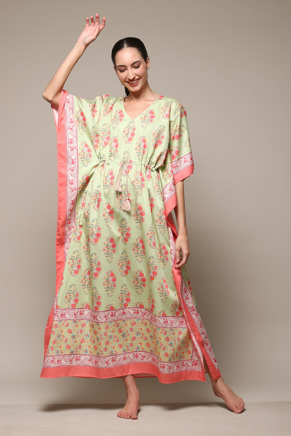 Sea Green Cotton Printed Kaftan image number 0