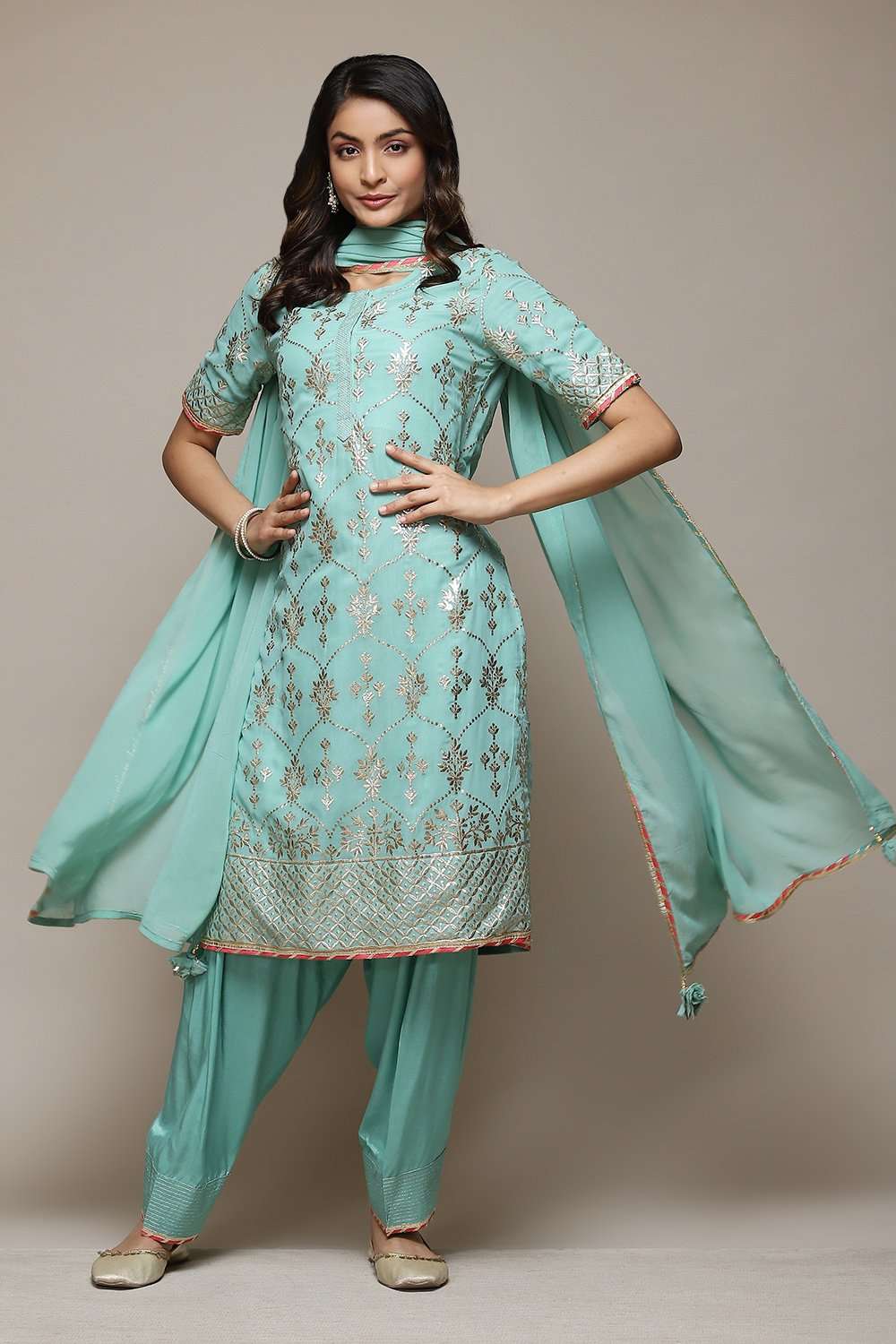 Turquoise Silk Straight Kurta Salwar Suit Set image number 0