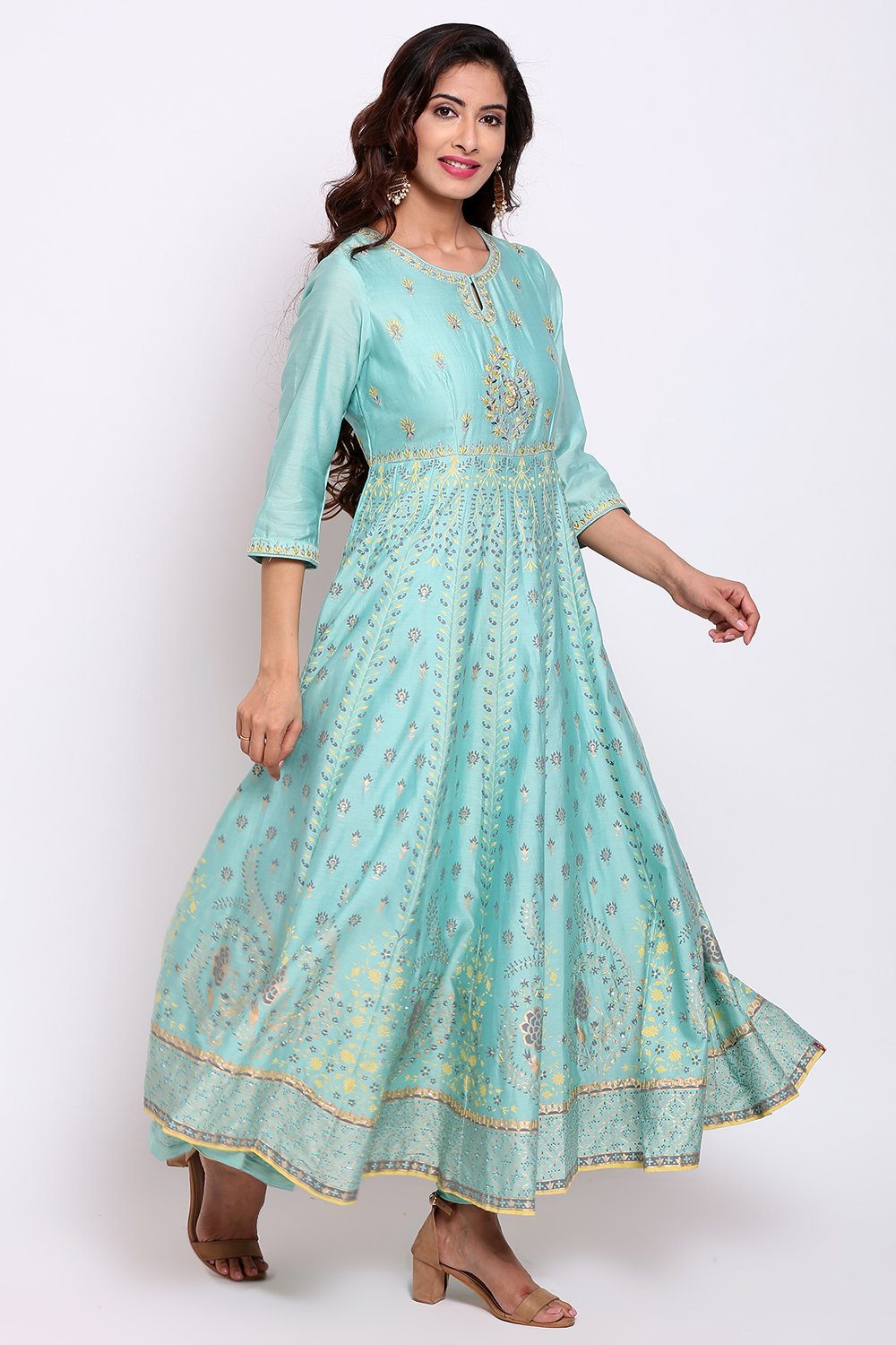 Sky Blue Cotton Silk Anarkali Kurta Churidar Suit Set image number 4