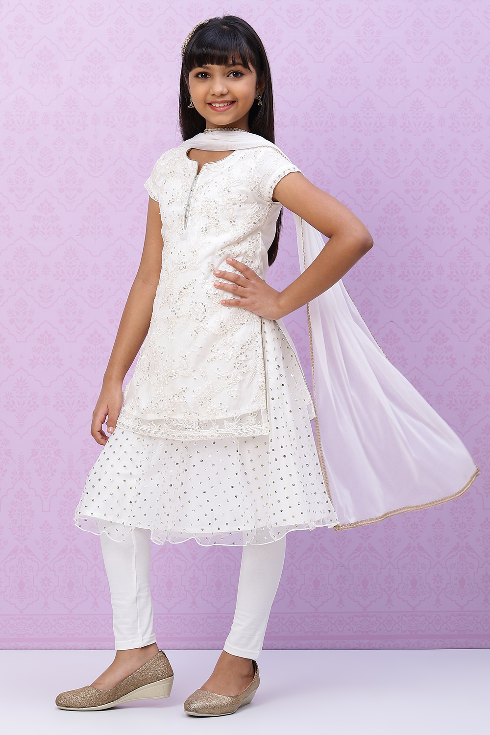 Ivory Nylon Girls Straight Kurta Churidar Suit Set image number 3