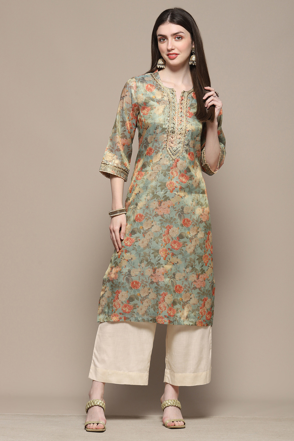 Turquoise Green Polyester Straight Kurta image number 0