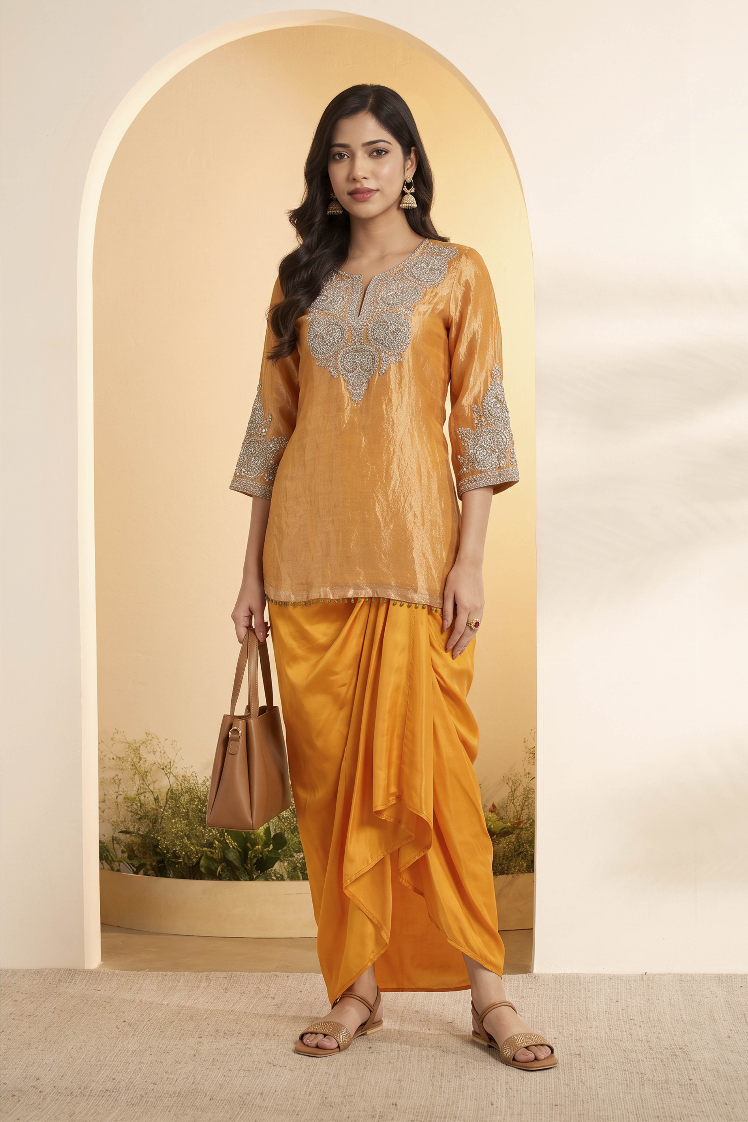 Orange Silk Tissue Embroidered Kurta with Drape Skirt image number 5
