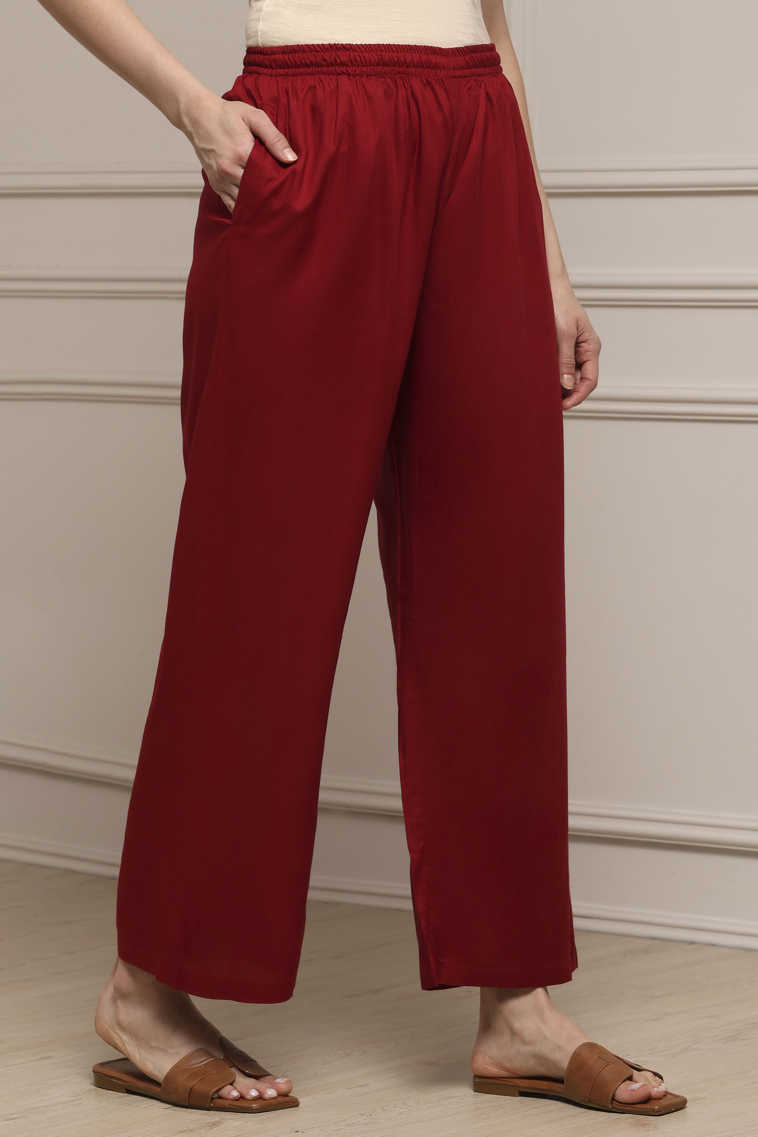 Blue Viscose Rayon Straight Palazzos image number 0