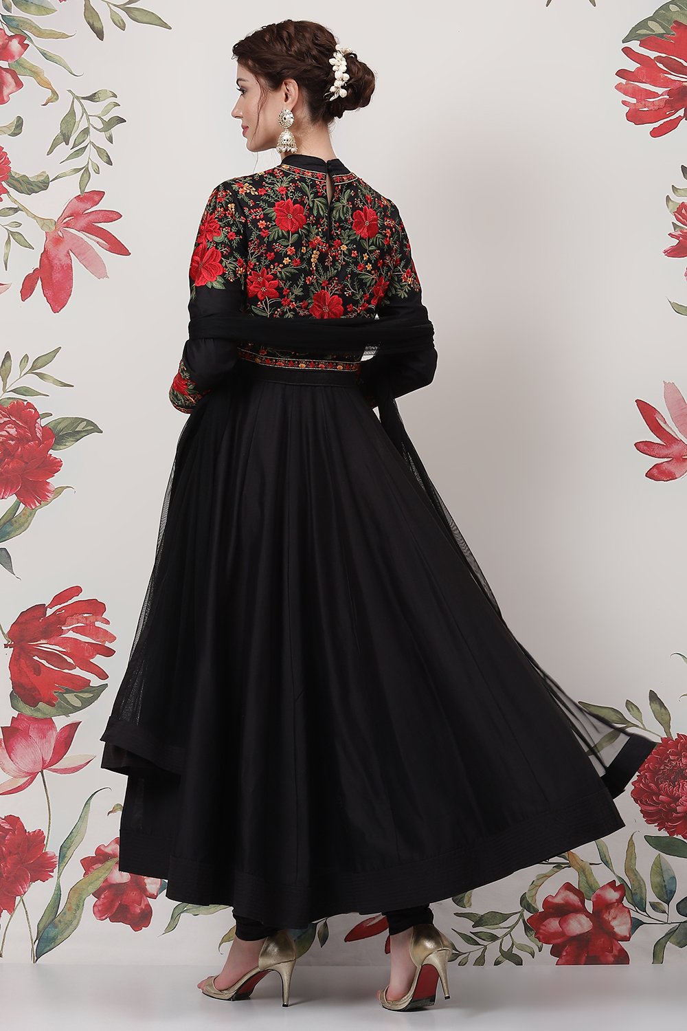 Rohit Bal Black Cotton Silk Anarkali Yarndyed Suit Set image number 4