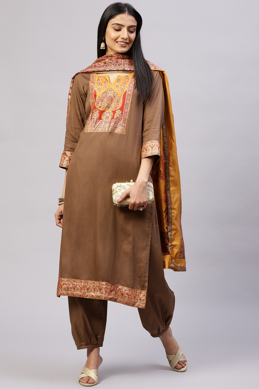 Brown Cotton Blend Digital Print Unstitched Suit Set image number 7