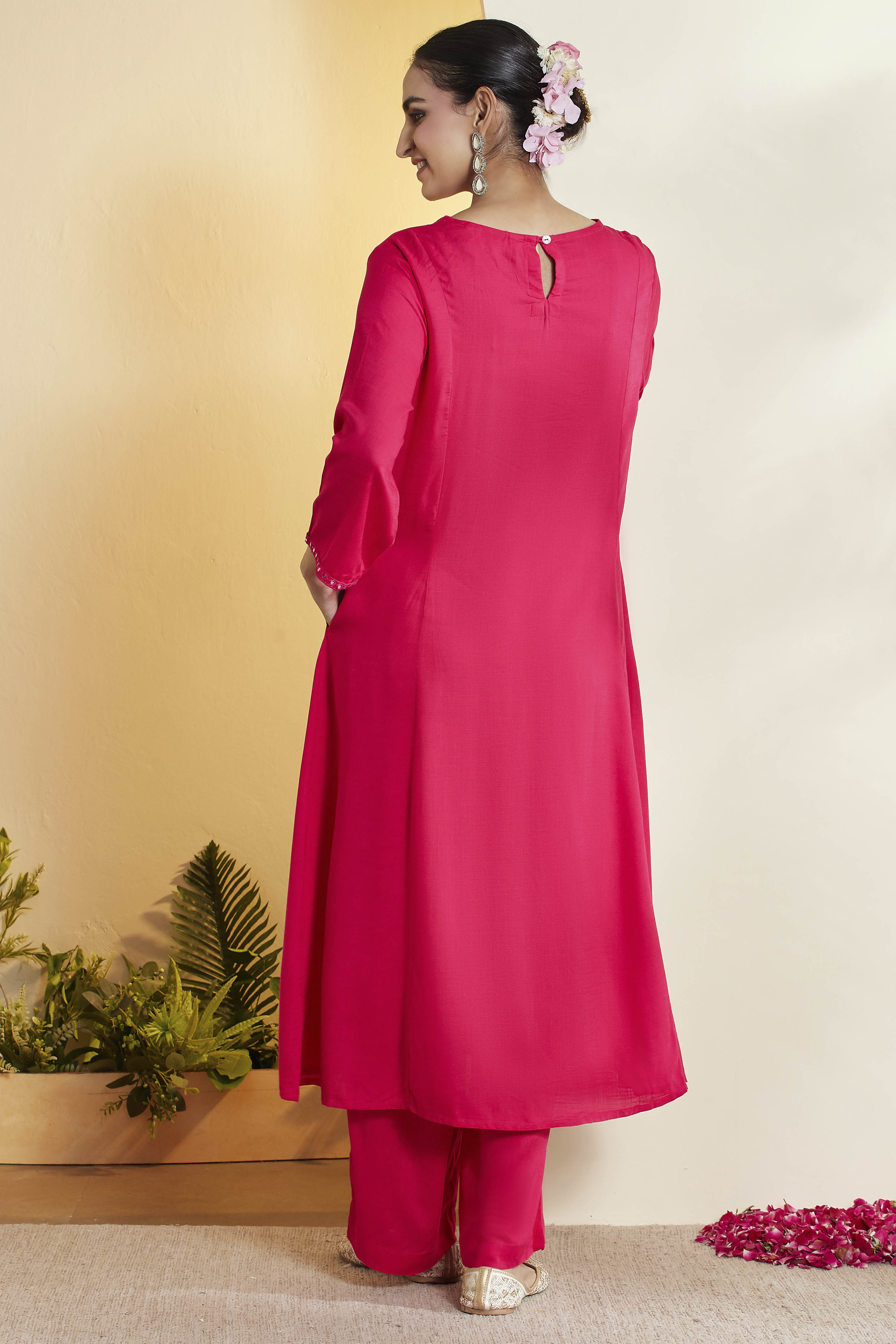 Fuchsia Viscose Rayon Embellished Yoke Straight Kurta Set image number 6