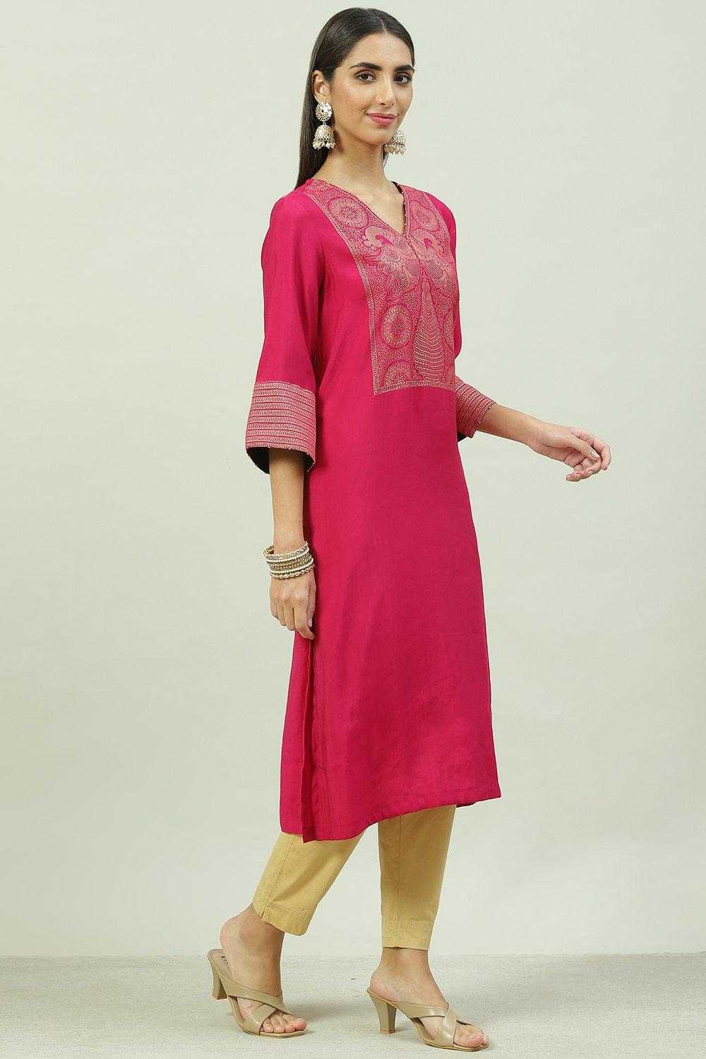 Fuschia Poly Viscose A-Line Printed Kurta image number 3