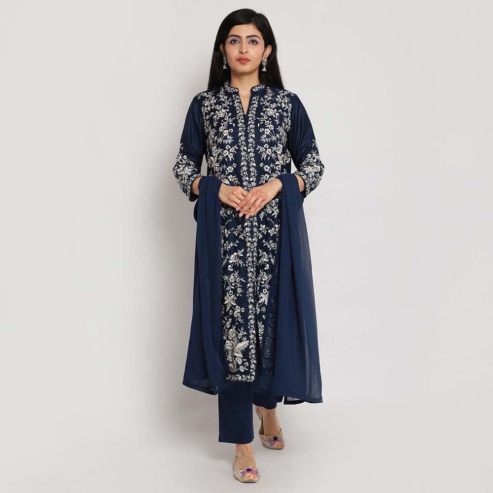 Blue Viscose Silk Front Open Kurta Regular Pant Suit Set image number 0