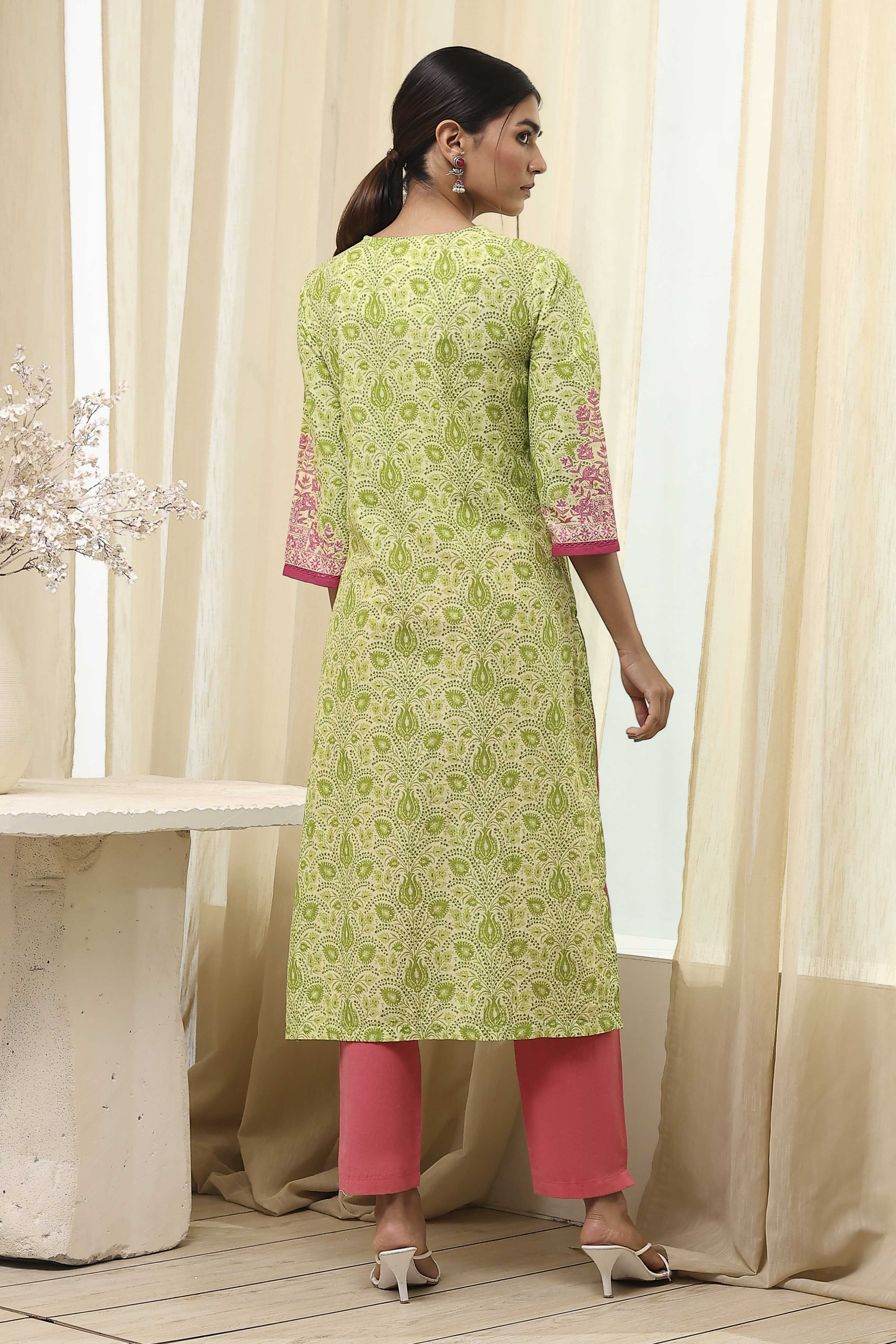 Green Cotton Printed Straight Kurta image number 3