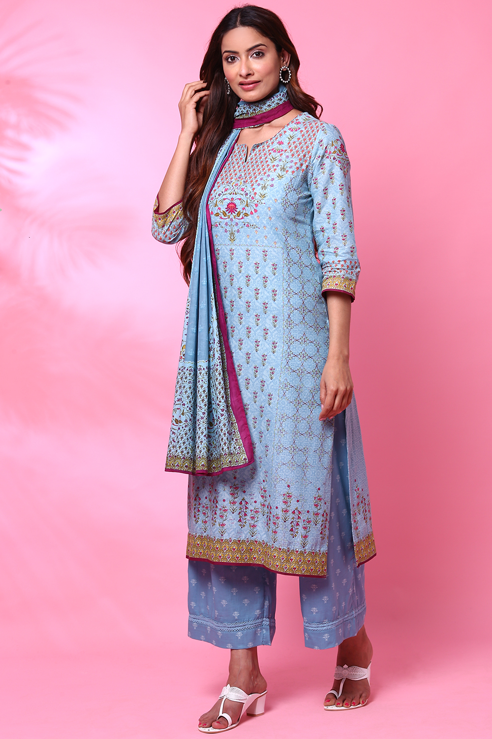 Beige Cotton Straight Kurta Palazzo Suit Set image number 5