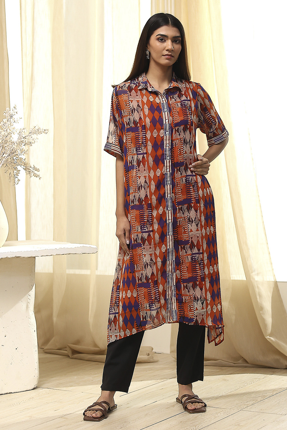 Orange Printed Shirt-Style Straight Kurta image number 5