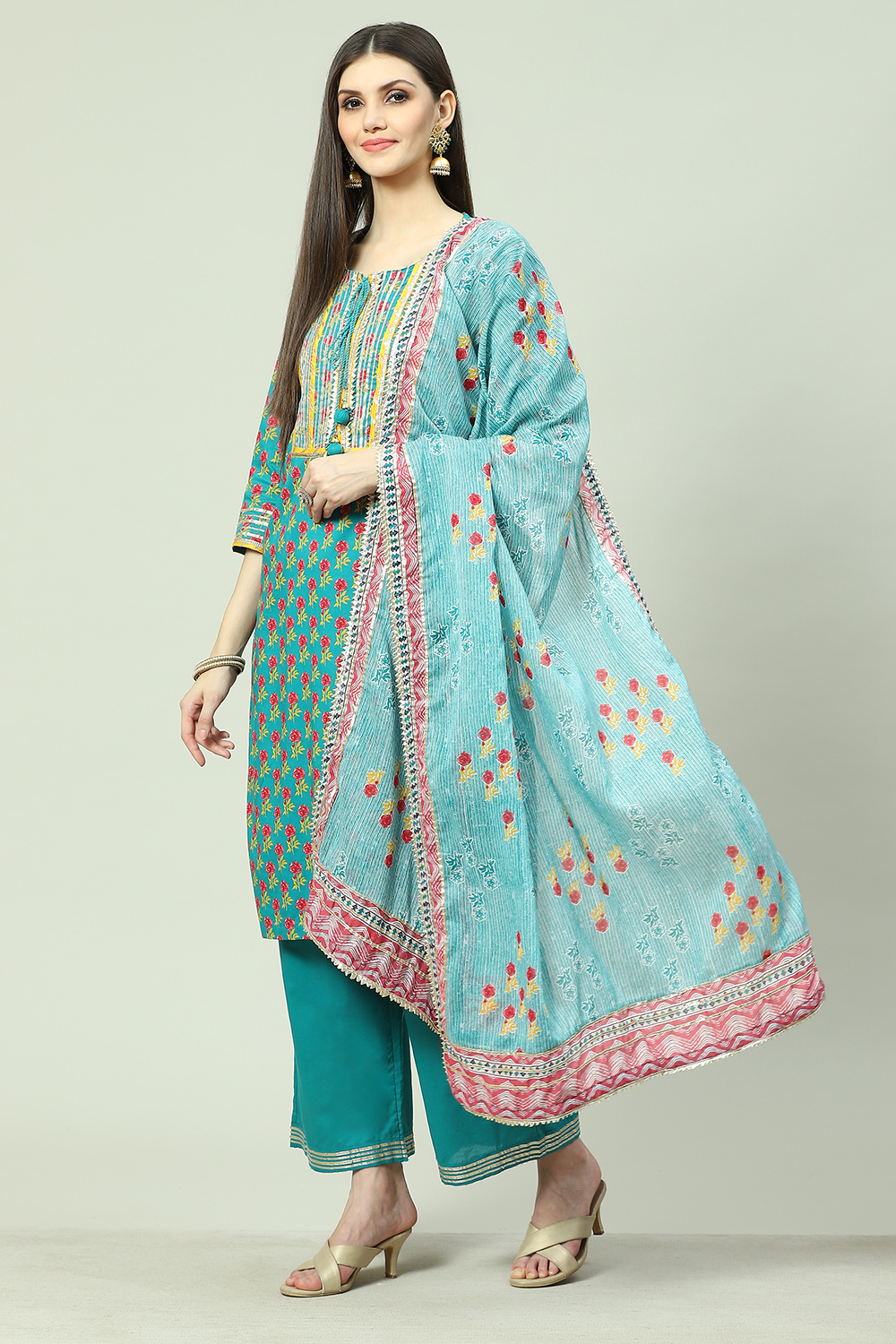 Teal Cotton Straight Kurta Palazzo Suit Set image number 0