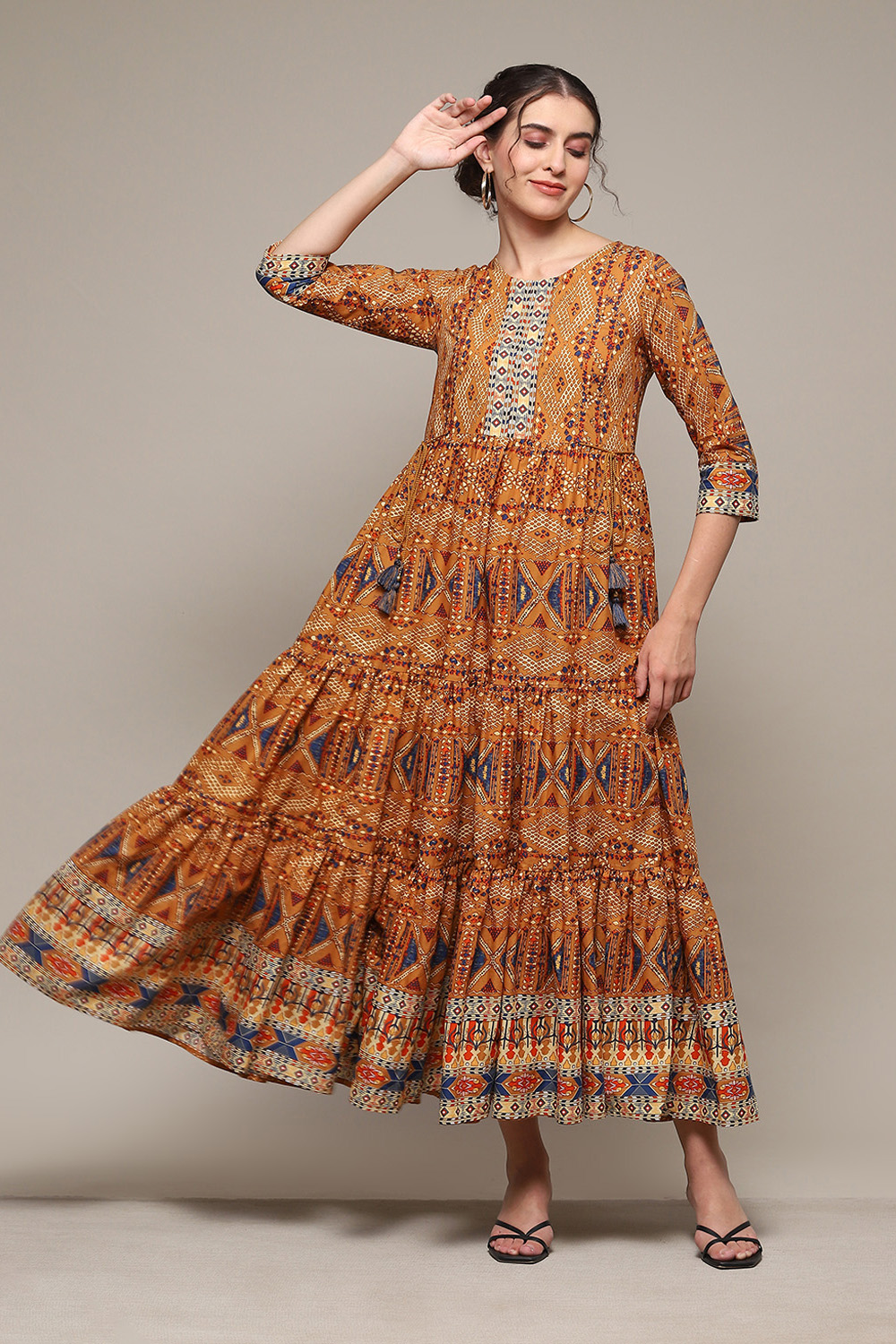4510917 Mustard Cotton Tie-Waist Shirt Dress