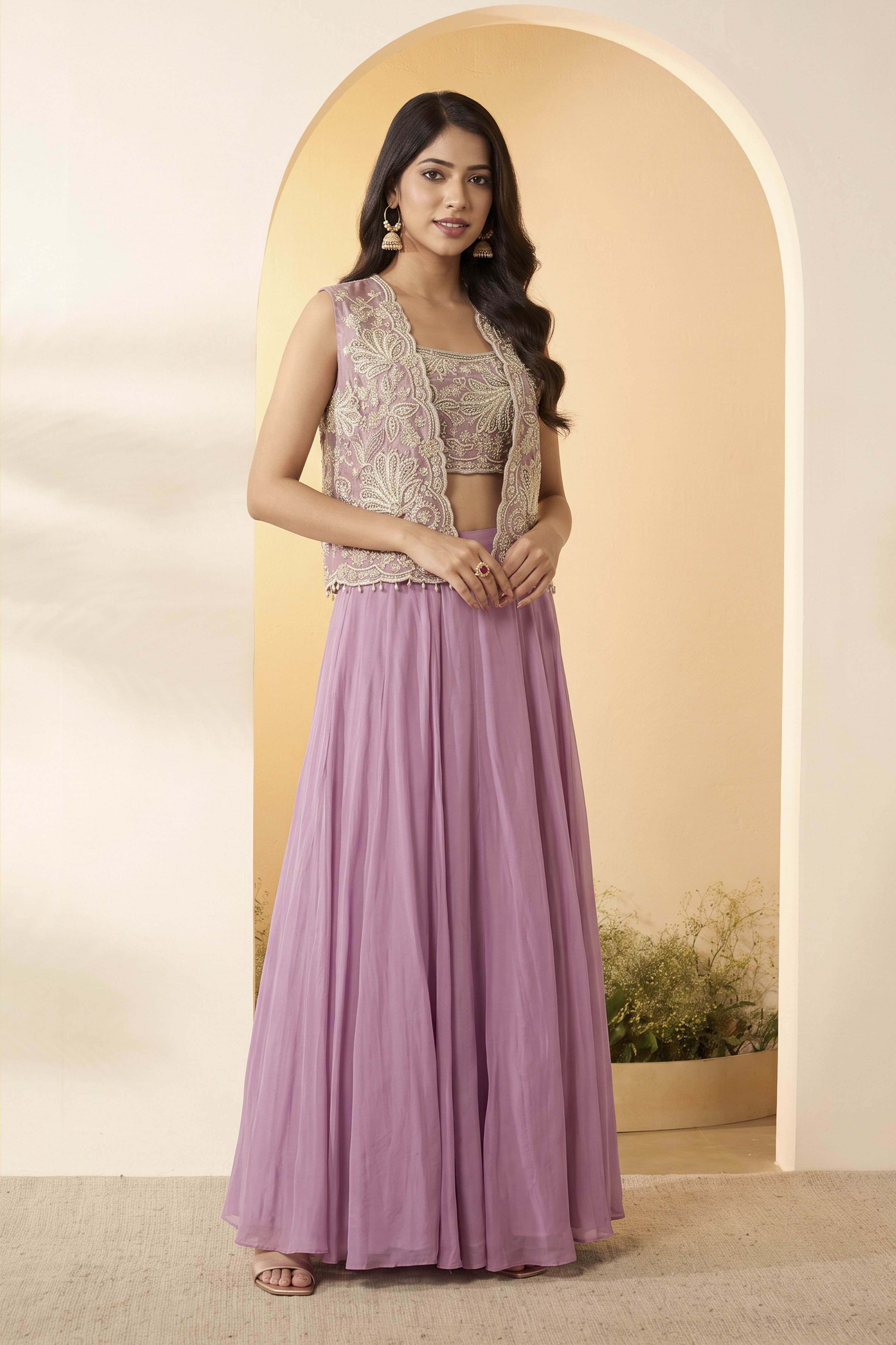 Dusty Lilac Viscose Rayon Embellished Skirt Set with Jacket image number 3