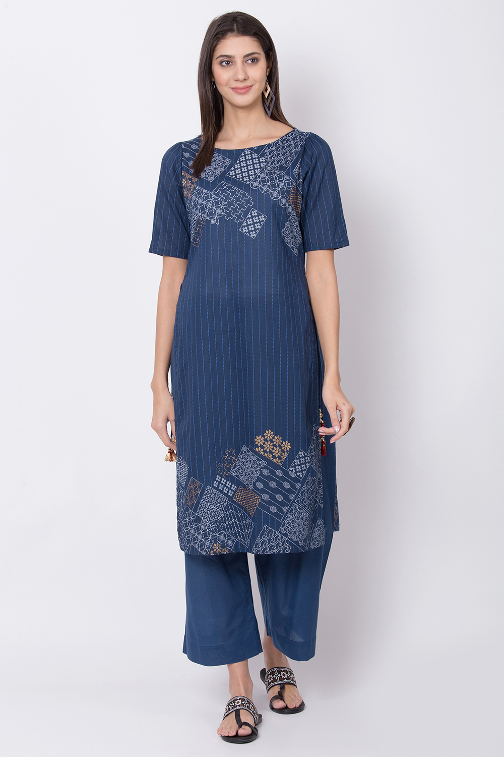 Indigo Cotton Straight Printed Kurta image number 0