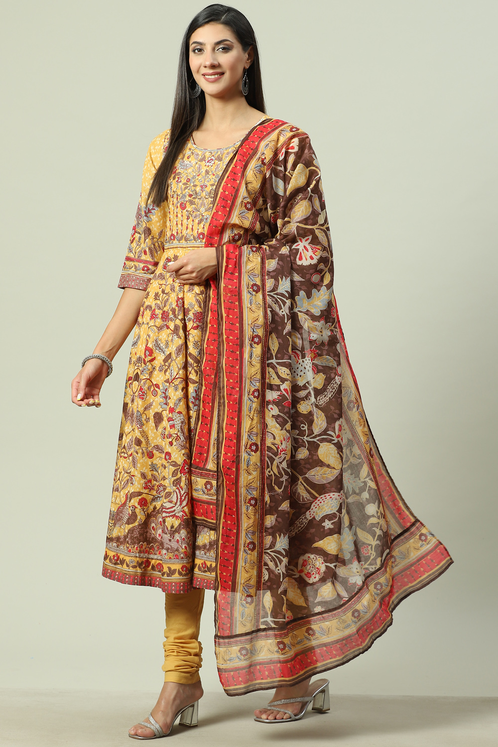 Beige Cotton Anarkali Kurta Churidar Suit Set image number 0